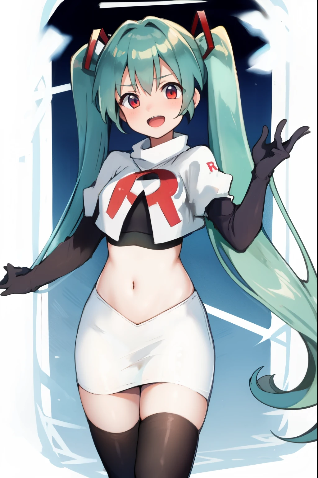 absurdres,masterpiece, best quality, highres, high quality, 1girl, Hatsume miku,team rocket,team rocket uniform,white skirt,red letter R,crop top,black thigh-highs,black elbow gloves,