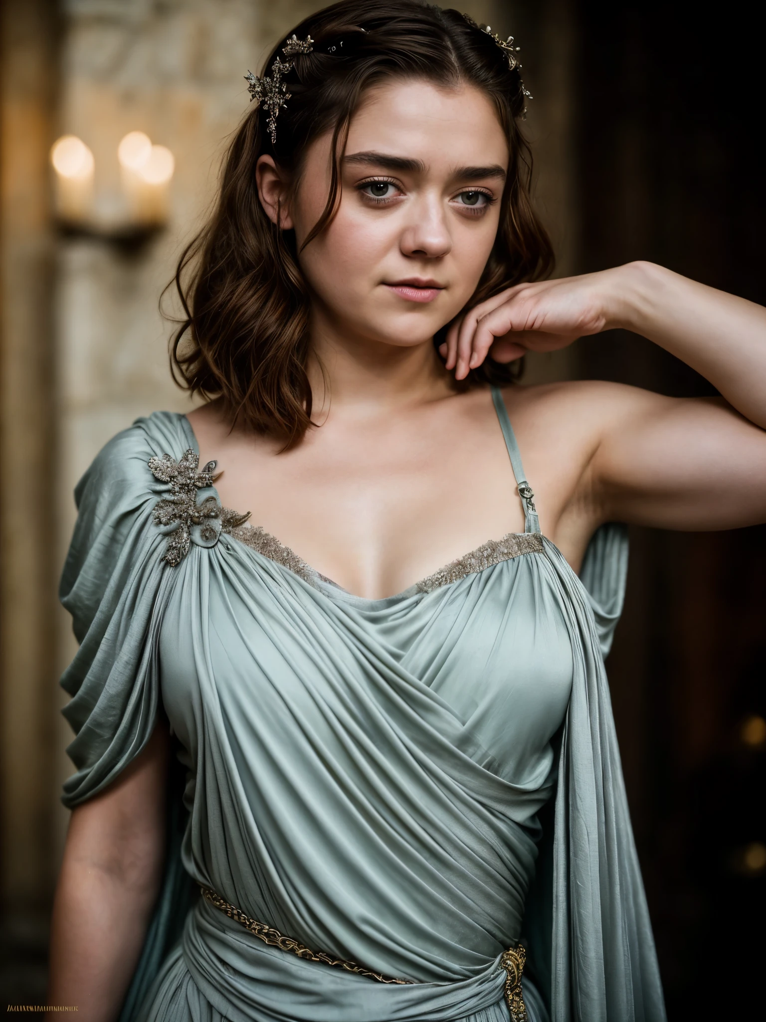 Foto RAW, Arya Stark, Extremely gorgeous lady, Arya Stark PLAYED BY MAISIE WILLIAMS, Queen Arya Stark, she  a mature woman now, milf, sexy mediaeval battle dress, gladiator woman, body, 40 years old Woman, body revealing costumes, perky breast, big natural breast, erotic costumes, lusty physique, seductive figure can capture every people's attention, Game of thrones costumes, revealing captivating figure, Mediaeval costumes, revealing clothes, A tomboy, she would rather fence than dance, warrior queen , game of thrones screen caps, Game of Thrones Series, (pele altamente detalhada: 1.2), 8k UHD, DSLR, soft-lighting, alta qualidade, grain of film, Fujifilm XT3, flawless picture, highly detailed, detailed Beauty, intricate, 32k, sharp picture,