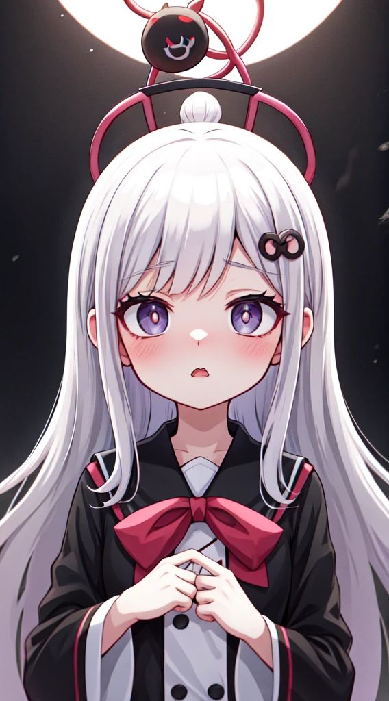 anime girl with long black hair and angel halo above her head, gapmoe yandere grimdark, gapmoe yandere, junji ito 4 k, yandere, portrait gapmoe yandere grimdark, by Jin Homura, junko enoshima, yandere. tall, akane owari danganronpa, anime visual of a cute girl,血色天空,傀儡师