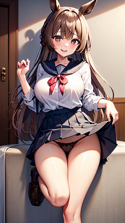 highest quality、8K、one girl，full body figure，big boobs，big boobs，Perfect five-finger、two perfect legs、two perfect arms、school uniform、japanese uniform、Satono Diamond、Satono Diamond、cute smile、perfect thing、big breasts、detailed description、small details、detailed face、white skin、Voluptuous legs、Skirt flip、lift skirt、black panties、Black Panties、erotic pose