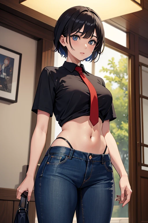 outstretched hand,((最高品質)), ((傑作)), (詳しい), 完璧な顔, 1girl, eyes focus, whole body, looking at the viewer, 20's,curvy, abs, tie hair back, large breasts, muscle, looking down, full lips, model, cool, fashion, shirts, denim jeans