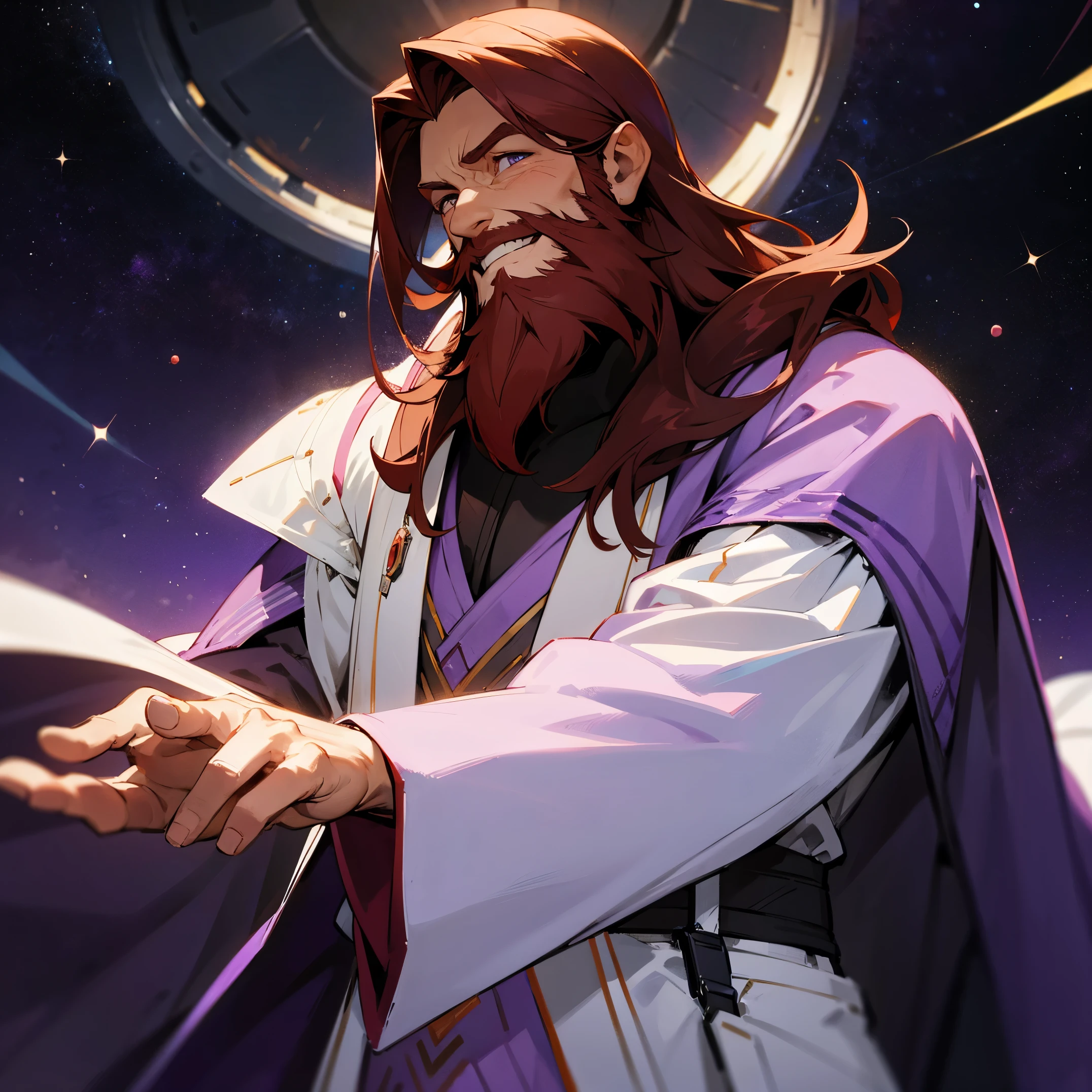 Robes , Purple and White Clothing , Old Male , Dark Red Hair , Beard , Happy Expression , Full Beard , Lean Build , Space Clothing