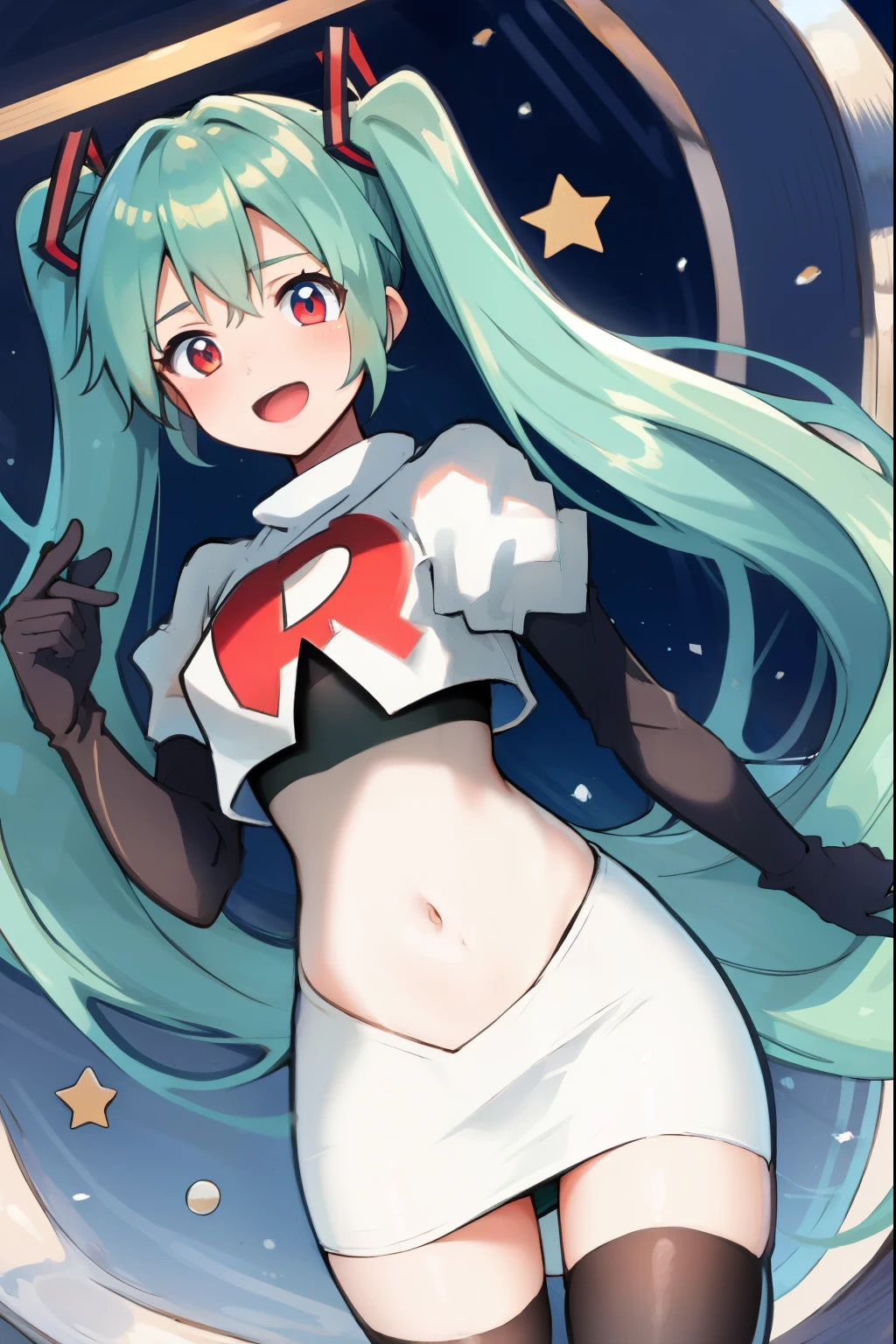 absurdres,masterpiece, best quality, highres, high quality, 1girl, Hatsume miku,team rocket,team rocket uniform,white skirt,red letter R,crop top,black thigh-highs,black elbow gloves,