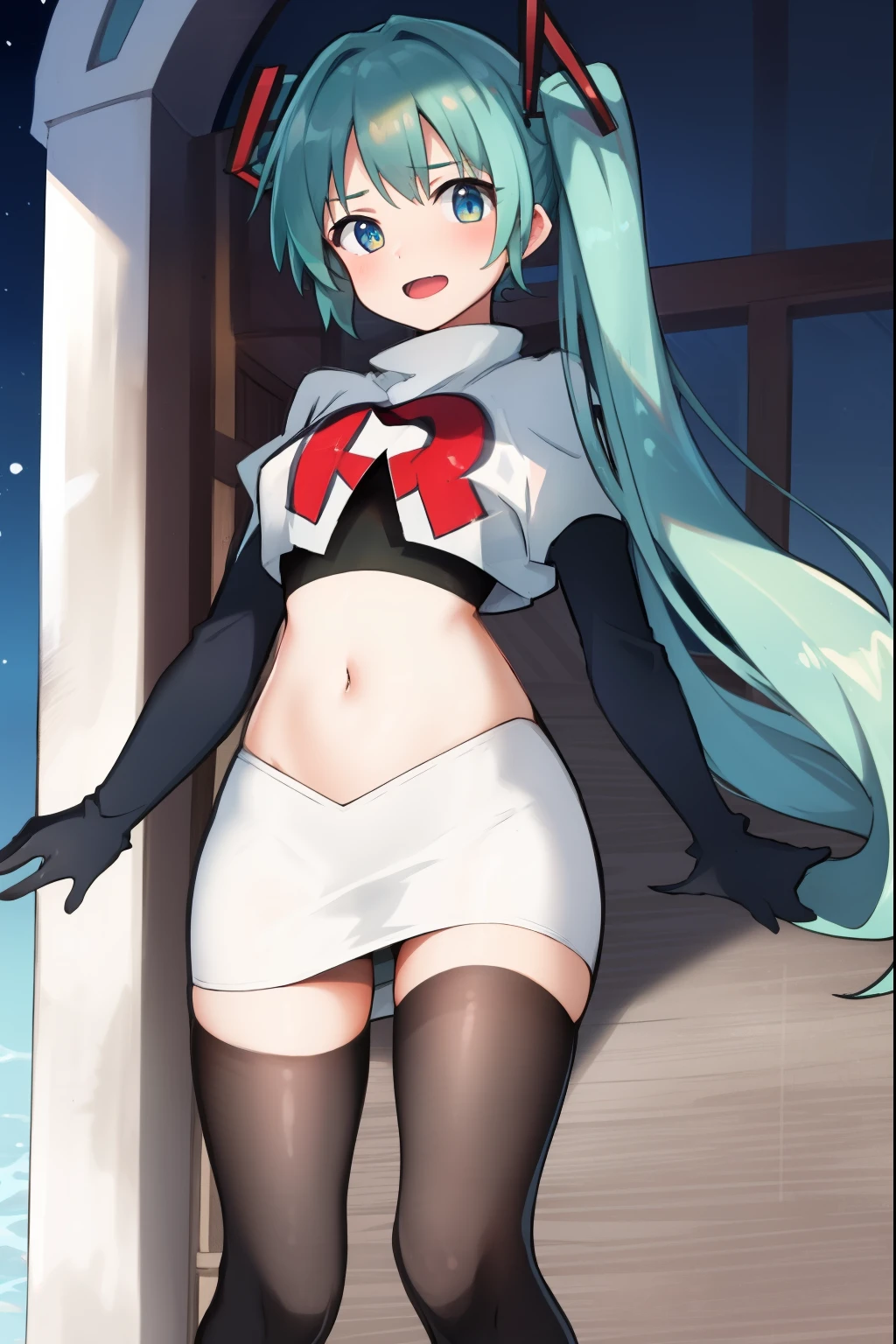 absurdres,masterpiece, best quality, highres, high quality, 1girl, Hatsume miku,team rocket,team rocket uniform,white skirt,red letter R,crop top,black thigh-highs,black elbow gloves,