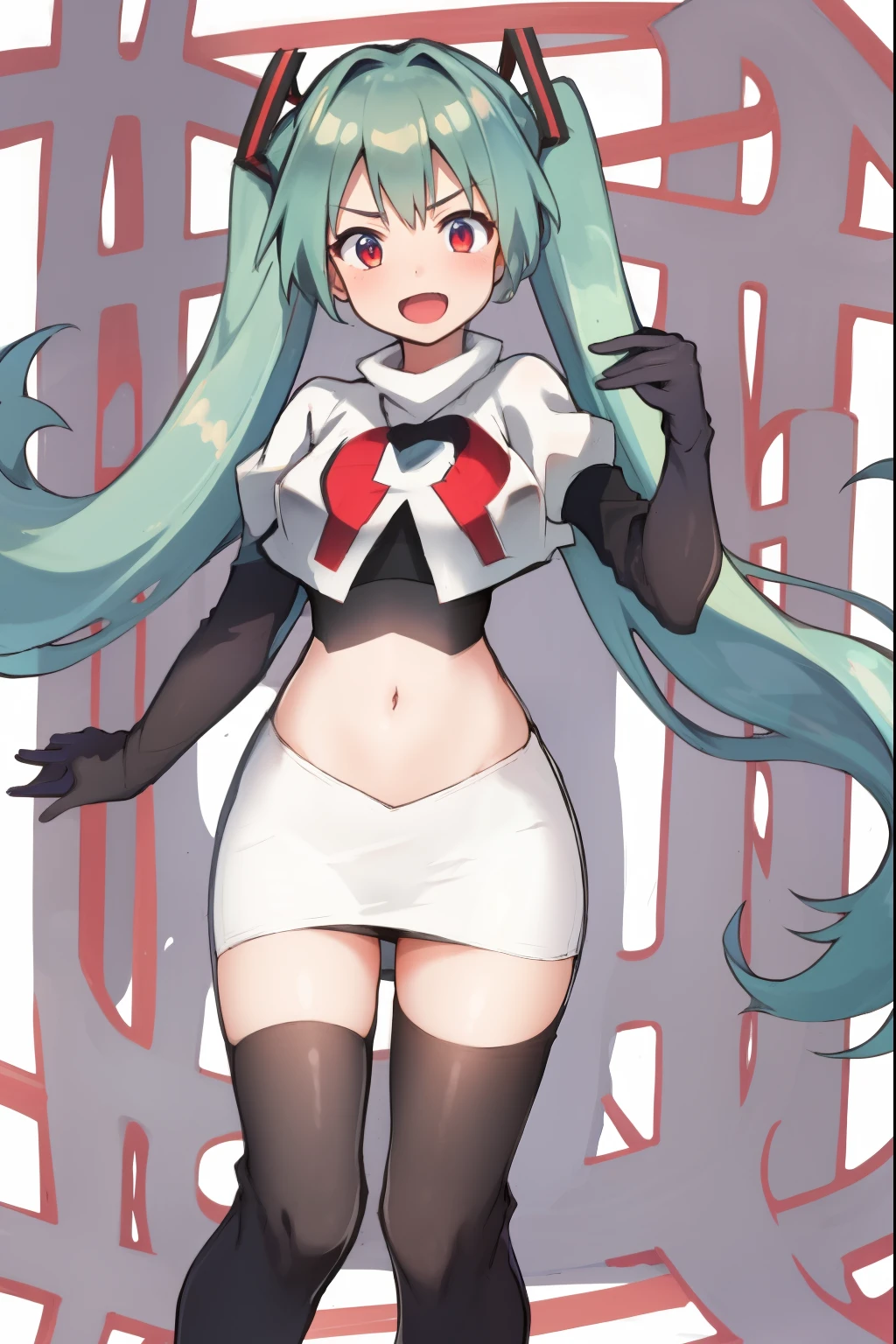 absurdres,masterpiece, best quality, highres, high quality, 1girl, Hatsume miku,team rocket,team rocket uniform,white skirt,red letter R,crop top,black thigh-highs,black elbow gloves,