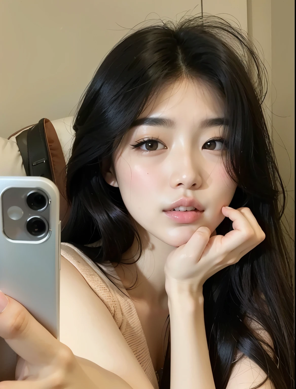there is a woman taking a selfie with her cell phone, bae suzy, jaeyeon nam, Heonhwa Choe, Jinyoung Canela, gongbi, young lovely korean face, Mulher sul-coreana bonita, adorable and pale korean face, taejune kim, Menina coreana, Lee Ji-eun, Lee Ji-eun, linda mulher coreana jovem, Atriz coreana bonito