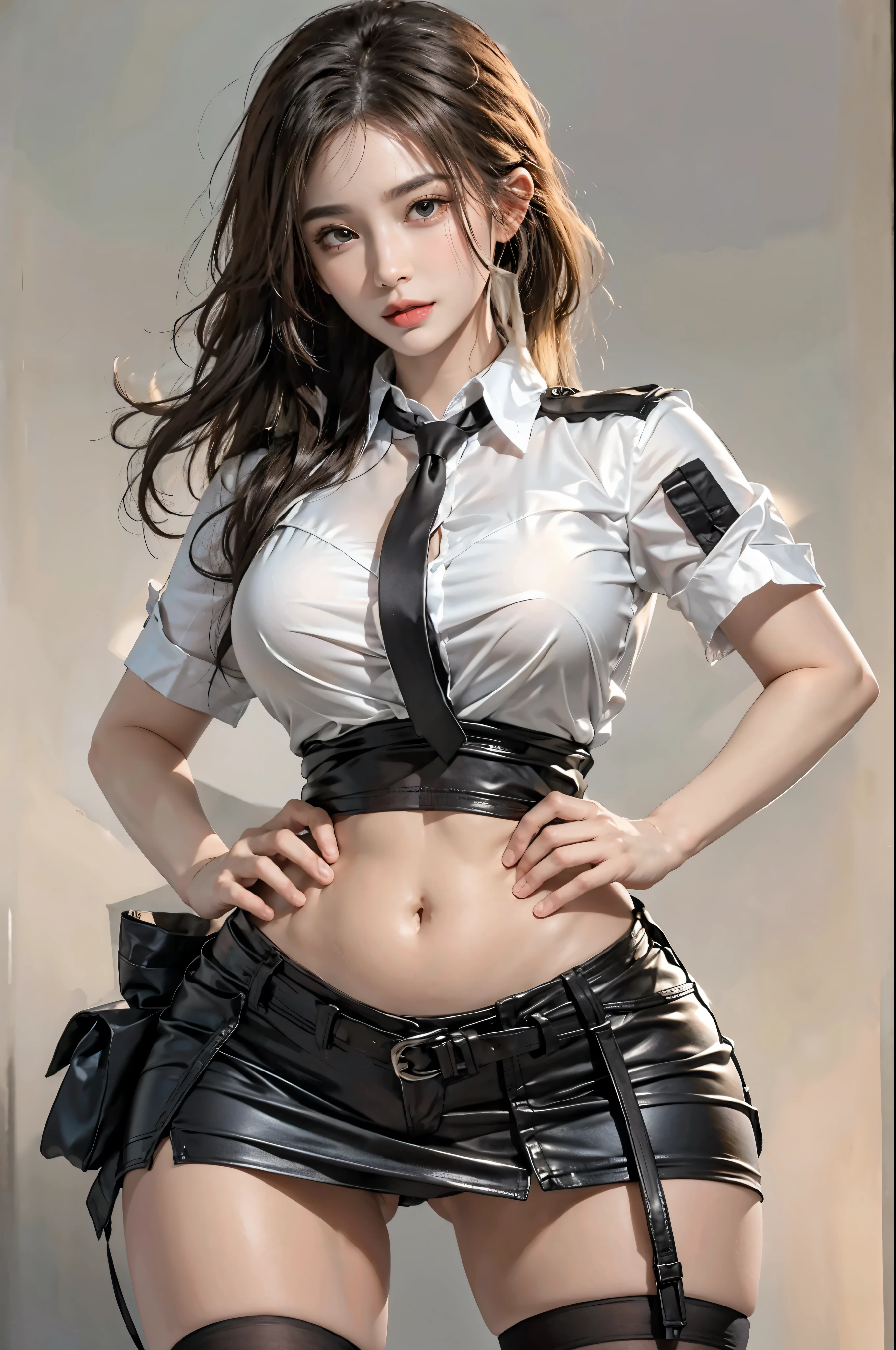 realistic, High resolution, soft light,1 female, alone, hip up, glowing skin, (detailed face),tattoo, jewelry, secretary clothes, white shirt, black skirt, black stockings, garter belt, night, blonde hair, wavy hair, Beautiful Soldier, Eyes that invite the viewer, spouse&#39;point of view, attractive appearance, sexy smile, perfect style, perfect balance, fine skin, naughty look, I can see your breasts