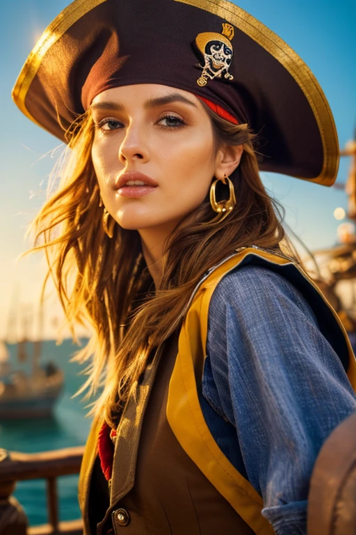 (best quality,highres,ultra-detailed,realistic:1.2),pirate outfit,detailed facial expression,seductive look,beautiful detailed eyes,beautiful detailed lips,sexy pirate girl with a confident expression,golden earrings and necklace,long wavy hair flowing in the wind,striking and unique tattoos on her arms and neck,smoke rising from a burning ship in the background,seagulls flying around,rough and realistic textures on the pirate hat,vest,and boots,
color palette: deep and saturated tones, with warm yellow and bold blue highlights,illuminated by the golden sunlight,soft and warm lighting with dramatic shadows and highlights.