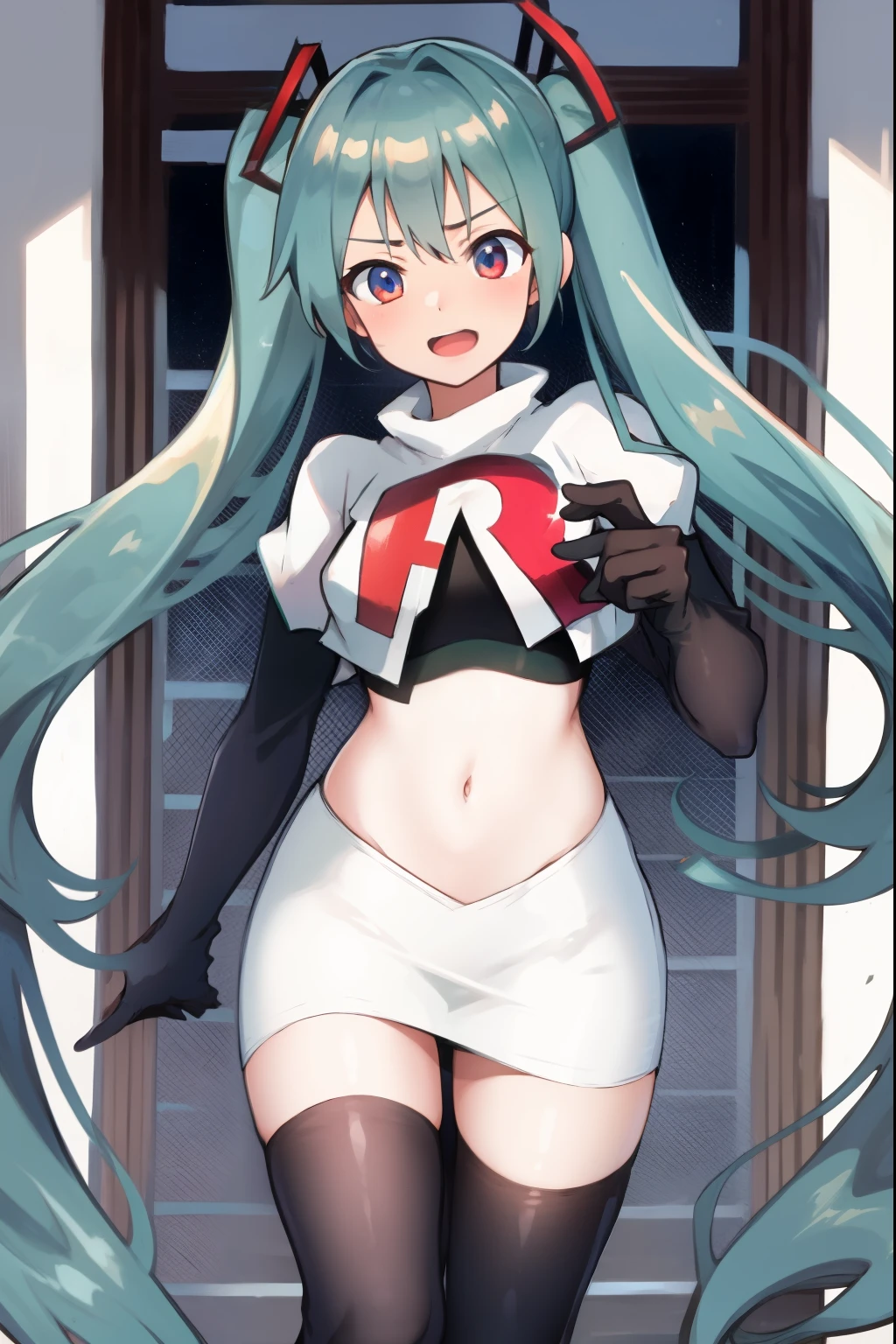 absurdres,masterpiece, best quality, highres, high quality, 1girl, Hatsume miku,team rocket,team rocket uniform,white skirt,red letter R,crop top,black thigh-highs,black elbow gloves,