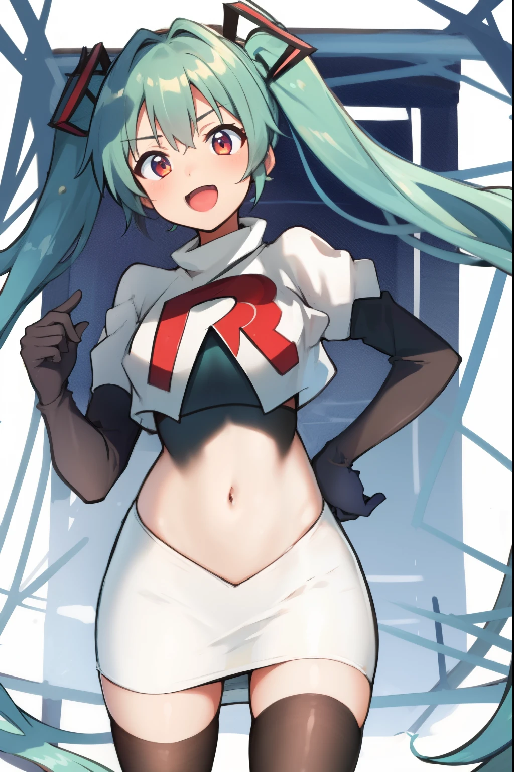 absurdres,masterpiece, best quality, highres, high quality, 1girl, Hatsume miku,team rocket,team rocket uniform,white skirt,red letter R,crop top,black thigh-highs,black elbow gloves,