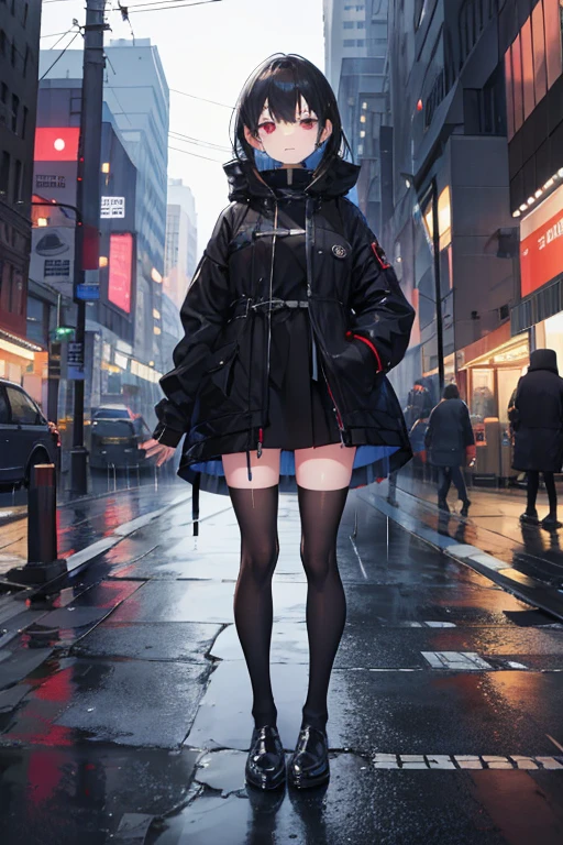 muste piece、full body view、girl,City of night,rain,coat,mini skirt、black stockings、legs are open、put one's hand in one's pocket