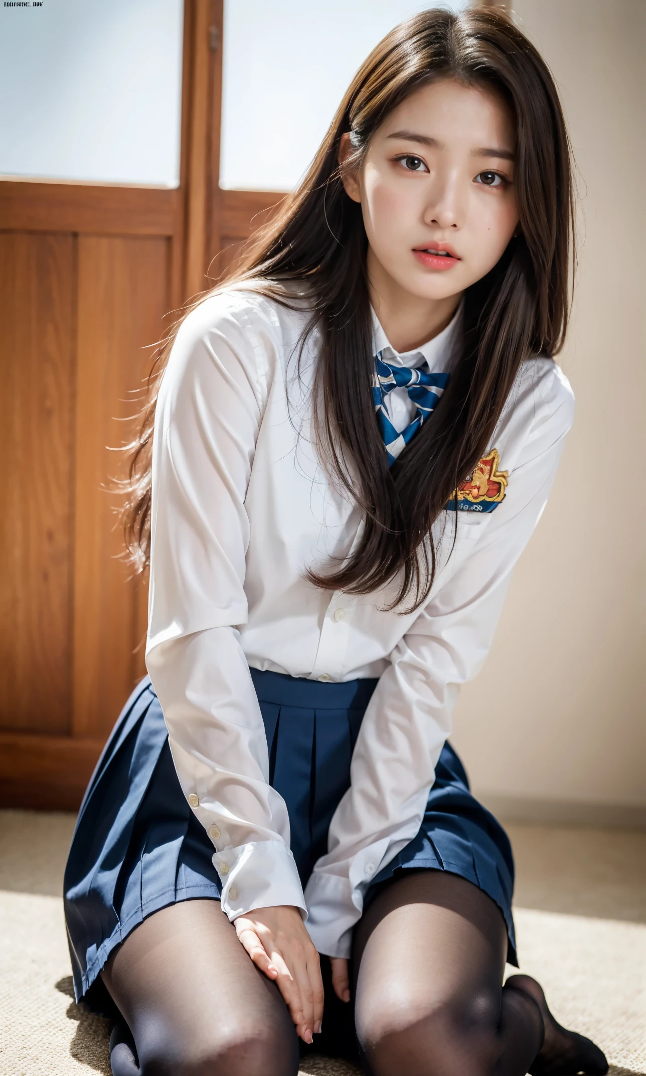 Ulzzang-6500-v1.1, (RAW photos:1.2), (realistic:1.4), Beautiful detailed girl, very detailed eyes and face, beautiful and delicate eyes, does not make sense, incredibly does not make sense, huge file size, very detailed, high resolution, very detailed, best quality, masterpiece, Kemomimi, ((Japanese girls' high school uniform)), illustration, very detailed, CG, unified, 8k wallpapers, amazing, fine details, masterpiece, best quality, very detailed CG uniform 8k wallpapers, my face shines, cinematic lighting, 1 woman, 16 years old, ((No panties)), ((dynamic pose))), (camel toe), (half), (pantyhose), (Sitting with legs bent at the knees))