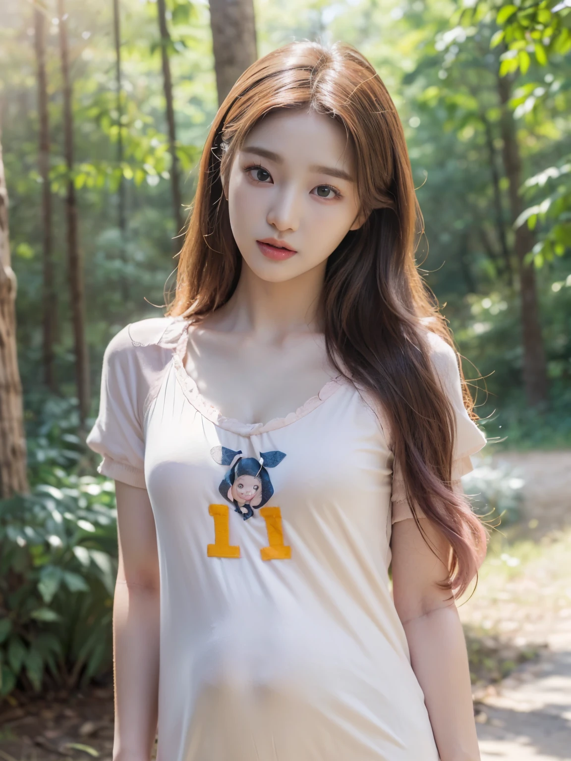 ((((highest quality))))、(((Ultra-precision CG16K wallpaper)))、(((masterpiece)))、(((Super detailed)))、(((super extreme details)))、1people's women、 female、18 year old female、((korean face))、((very beautiful face))、((K-pop idol、WONYOUNG:1.5))、((Soft wave semi-long hair:1.3))、(shiny hair)、bangs up to eyebrows、beautiful brown hair、beautiful delicate eyes、brown eyes、raised eyebrows、high nose、small nostrils、small mouth、seductive lips、mouth slightly open、beautiful breasts、C cup size breasts、cleavage、plump body、perfect proportions、perfect anatomy、perfect composition、beautiful detailed shading、beautiful natural lighting、beautiful detail glow、Depth of bounds written、(((High chroma)))、(((real:1.9)))、((vivid:1.4))、((beautiful skin))、((skin texture))、((realな皮膚感))、(((cowboy shot:1.5)))、((Angle seen from the front:1.5))、((Surprised face with open mouth:1.3))、(Eyes looking at me:1.3)、bright sunshine、(((in the forest:1.3)))、(standing pose:1.5)、(((pink beige baby doll clothes:1.5)))、