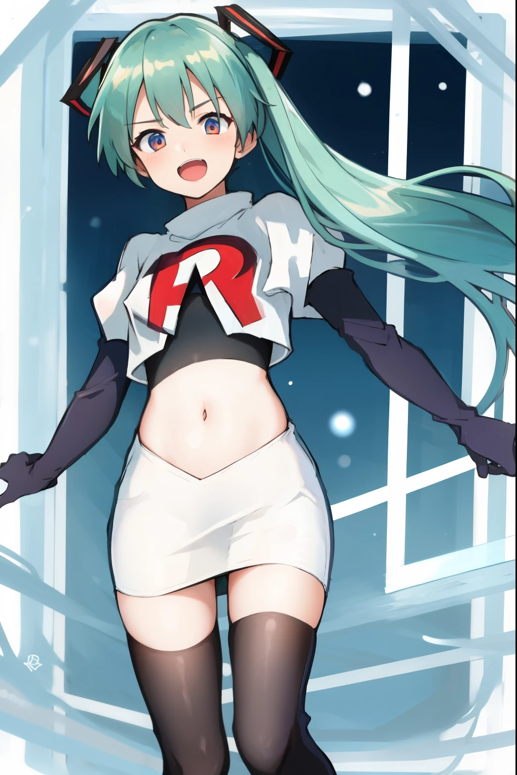 absurdres,masterpiece, best quality, highres, high quality, 1girl, Hatsume miku,team rocket,team rocket uniform,white skirt,red letter R,crop top,black thigh-highs,black elbow gloves,