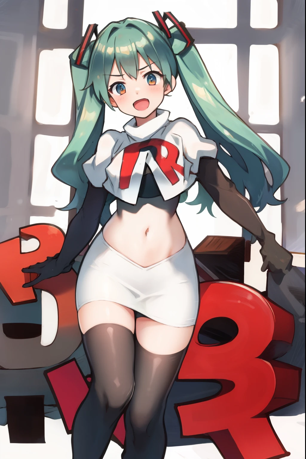 absurdres,masterpiece, best quality, highres, high quality, 1girl, Hatsume miku,team rocket,team rocket uniform,white skirt,red letter R,crop top,black thigh-highs,black elbow gloves,