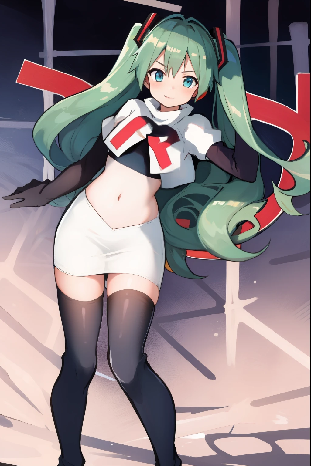 absurdres,masterpiece, best quality, highres, high quality, 1girl, Hatsume miku,team rocket,team rocket uniform,white skirt,red letter R,crop top,black thigh-highs,black elbow gloves,