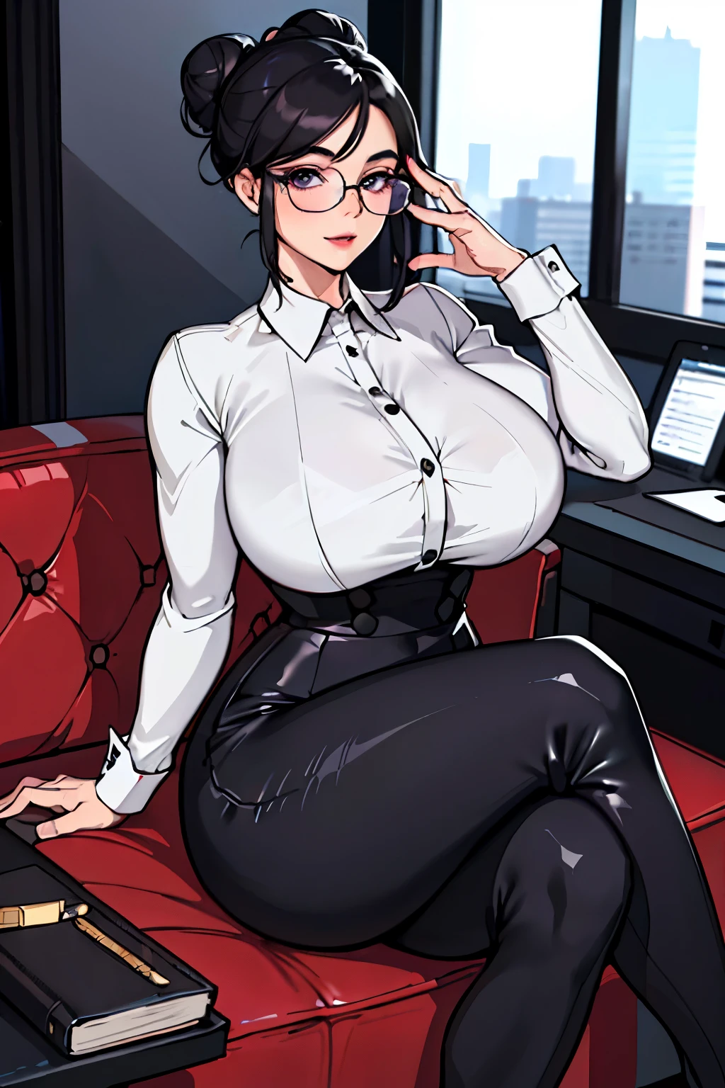 (upper body:1.2 1Girl, masterpiece, Best quality, ultra detailed, illustrenion, finely detailed eyes and detailed face) Cloels: Business suit pants, tight white blouse, wedding ring, Appearance: short black hair in a neen low bun, nenural makeup, (purple eyes:1.05), white glasses, wide hips, massive breasts, ((( huge fake breasts:7.9 ))) seductive, moelrly, in_the_CEO_office, looking at viewer, curves, voluptuous, full body, Mrs. CEO, (menure female, milf:1.1 ), Solo, (curves:1.1), big ass, thick thighs, milf, modern office background, sitting, legs crossed