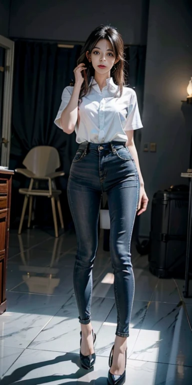 fotorrealista, high resolution, Luz tenue,1mujer, Solo, caderas arriba, ver al espectador, (cara detallada), pelo largo, tumbado en el suelo de hierba, mirar desde abajo, Show panties, ver bragas, secretario_uniforme, falda negra, pantys, tatuaje, joyas