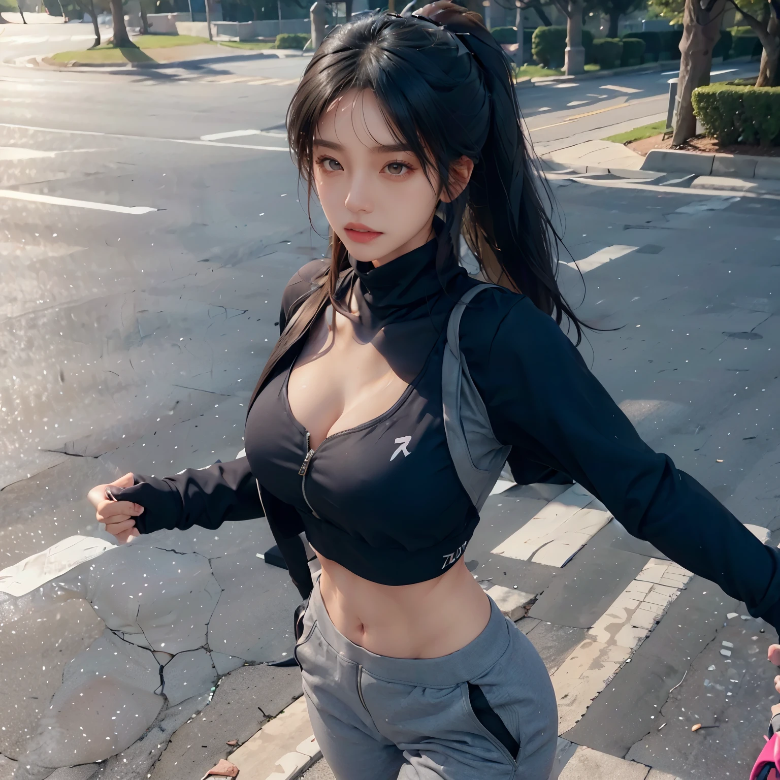 1 girl, beautiful eyes, slightly open lips, full and symmetrical breasts, tight sports shirt, white skinny yoga pants, detailed lines between the thighs, white sneakers, black hair, high ponytail, HDR (High Dynamic Range), (long sleeve black compression sweatshirt), (compression sweatshirt half unzipped sports bra showing through unzipped sweatshirt),(full body shot), ((large cleavage)),(waling in park), (breasts showing through sports bra barely visible from compression sweatshirt), (1girl), (((unzipped))), (visible neck), (wearing all black), (skin tight outfit), looking at viewer, black sports bra underneath compression sweatshirt, body facing viewer, (sakura flower on jacket)