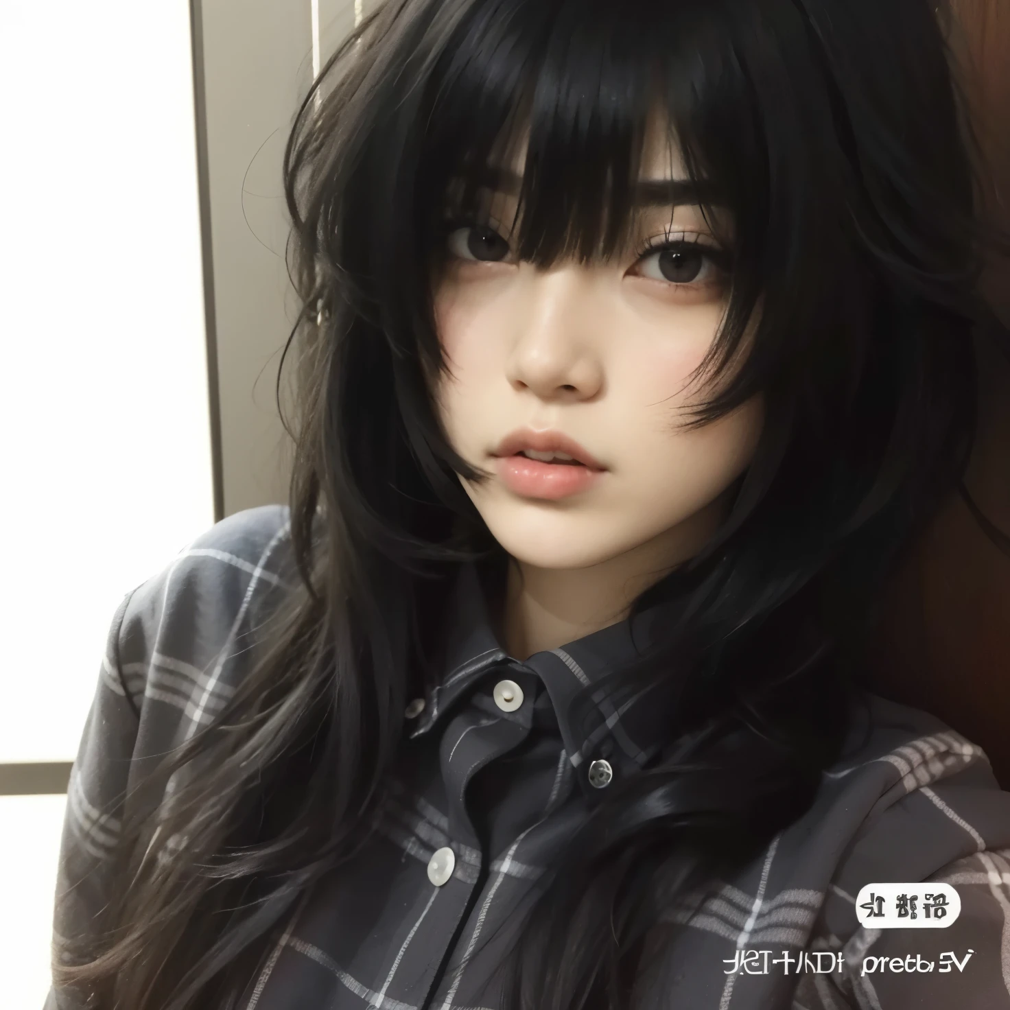 um close up de uma pessoa com cabelos longos e uma camisa xadrez, Ulzzang, Ela tem cabelo preto com franja, Jinyoung Canela, com franja, preto hime corte cabelo, com franja completa, Sui Ishida com cabelo preto, O corte Hime, cabelo arrumado com franja, cruel korean goth girl, franja fofa, cabelo comprido com franja completa, cabelos longos com franja