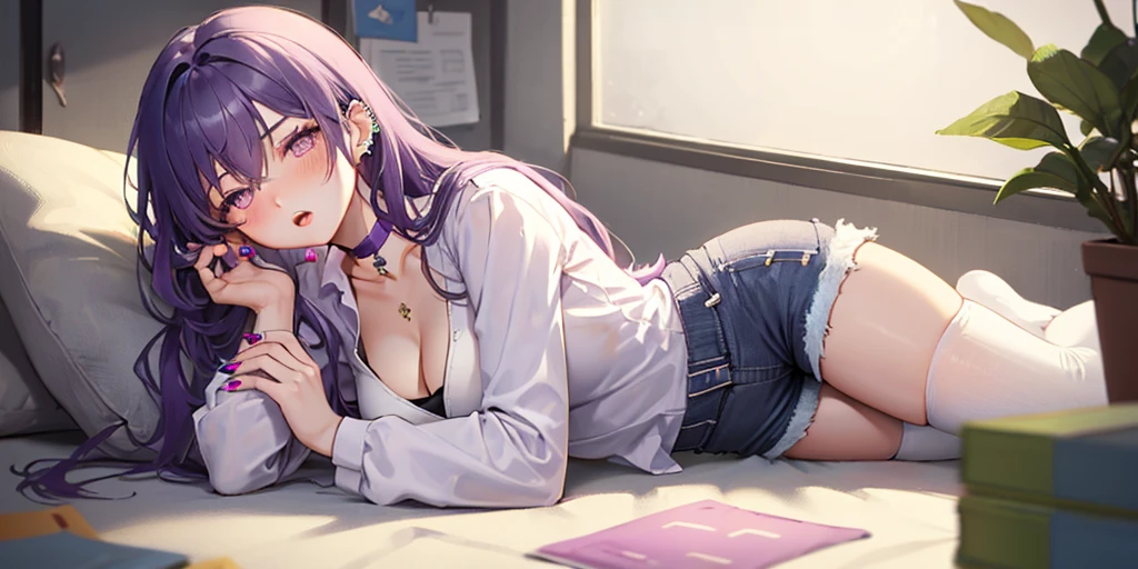 (Lie on the ground:1.3), Keqing, genshin impact, 1 girl, alone, ((white shirt)), black Thighhighs, chest, cleavage, uniform, office background, denim shorts, office, hair between eyes, messy hair, large chest, hair ornaments, long hair, looking at the viewer, purple hair, choker, pierce, ear piercing, lip piercing, purple short nails, purple eyes, alone, Thighhighs, beautiful thighs, very long hair, ((masterpiece)), name tag, id tag, indoor, blush, lip, open your mouth a little, squint your eyes, slender woman, Curvaceous, Erotic position