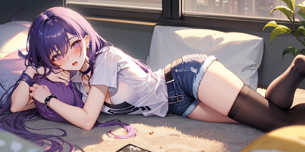 (Lie on the ground:1.3), Keqing, genshin impact, 1 girl, alone, ((white shirt)), black Thighhighs, chest, cleavage, uniform, office background, denim shorts, office, hair between eyes, messy hair, large chest, hair ornaments, long hair, looking at the viewer, purple hair, choker, pierce, ear piercing, lip piercing, purple short nails, purple eyes, alone, Thighhighs, beautiful thighs, very long hair, ((masterpiece)), name tag, id tag, indoor, blush, lip, open your mouth a little, squint your eyes, slender woman, Curvaceous, Erotic position