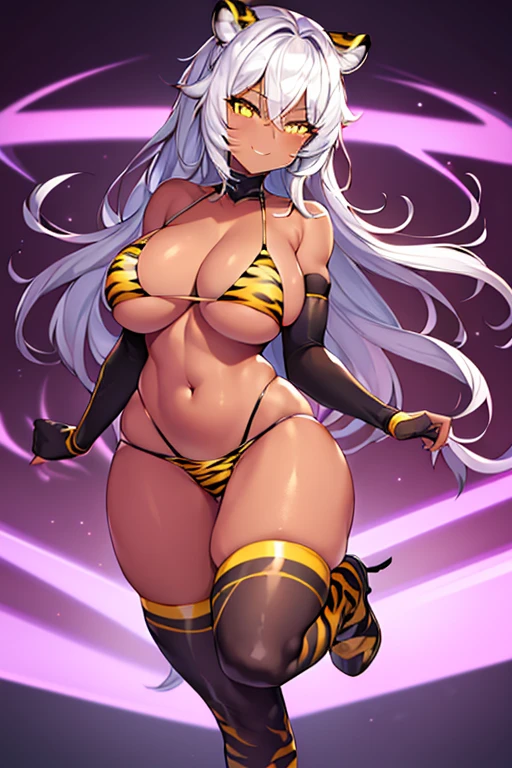 1girl, large breasts, wide hips, dark-skinned female, dark skin, white hair, yellow eyes, tiger print, tiger ears, highleg, highleg bikini, micro bikini, tiger tail, smile, smirk, smug, bar, thighhighs, full_body, ((full body)), standing, neon, neon trim, futuristic, science-fiction