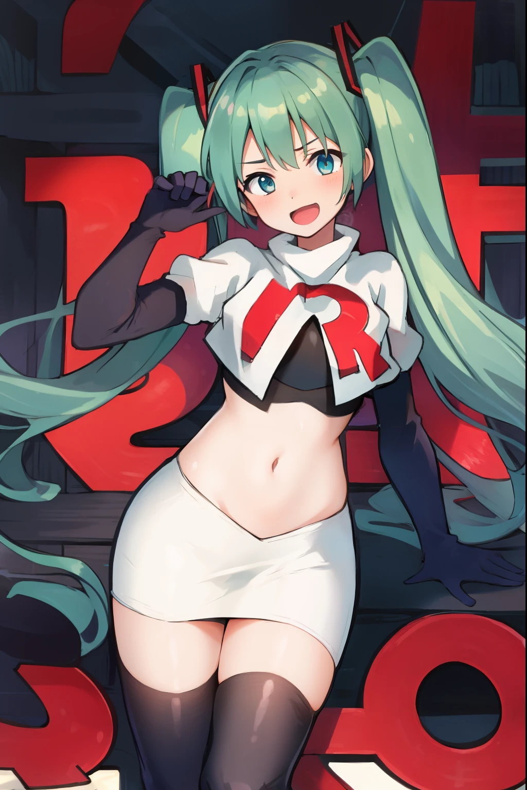absurdres,masterpiece, best quality, highres, high quality, 1girl, Hatsume miku,team rocket,team rocket uniform,white skirt,red letter R,crop top,black thigh-highs,black elbow gloves,
