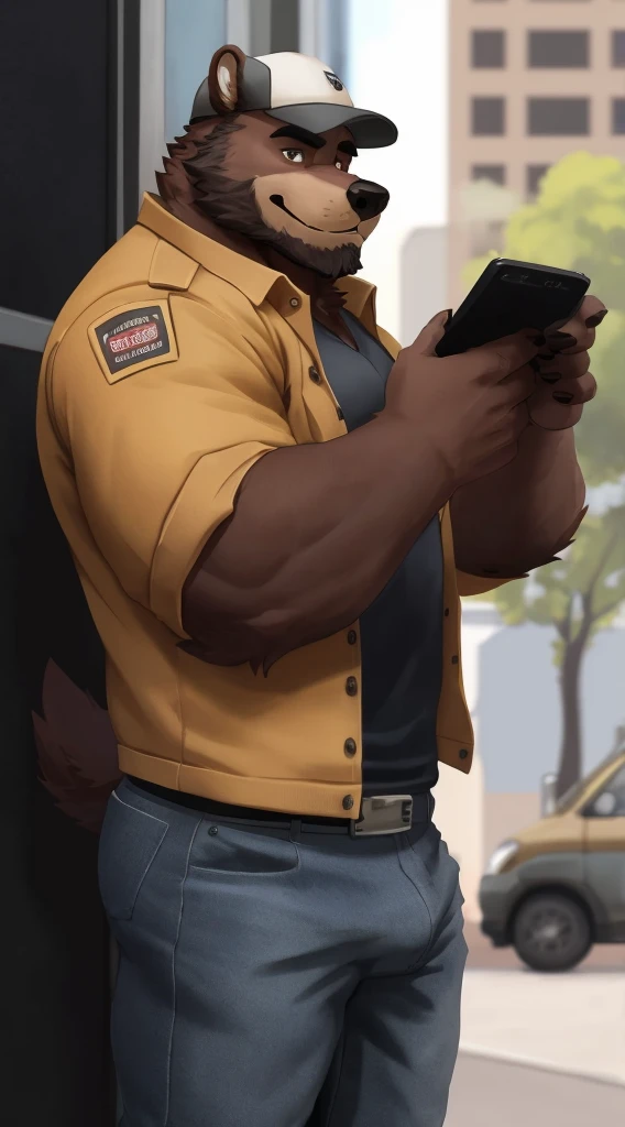 Half portrait, standing straight, an adult male bear, casual posing, gray furs, brown rosette pattern, mature adult, gruff looking, masculine features, sharp eyes, beard, bulky built, medium muscles definition, wearing a working uniform, wearing denim jacket, working as a delivery driver , looking to viewer, facing forward, calm expression (soft smile),