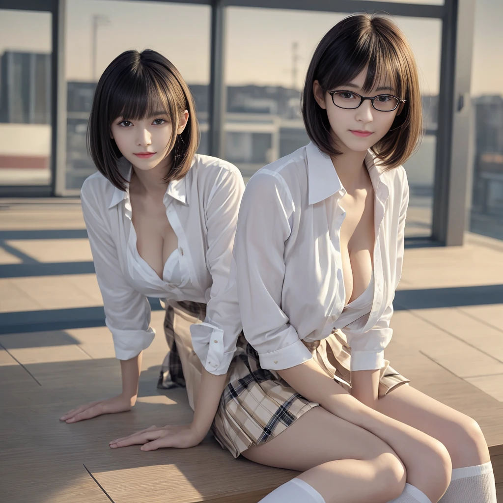 (8K、Live shooting、highest quality、masterpiece:1.2)、girl、(((one person)))、16 years old、(long bob cut)、looking at the viewer、looking straight ahead、strong、Erotic bras、white skin、Thighs、disorganized,small face、part the bangs from the middle、I can see the forehead、(embarrassed、eyes are tight、glare,strong、thin)、panties、beautiful、beautiful、cute、student、high school girl、japanese woman、Are standing、(photorealistic:1.37)、photon mapping、Reality、cute baby face、brown eyes、(red ribbon)、radio city、Physically based rendering、Qianfang、Depth of bounds written、blurred background、photograph,girlたちは、beautiful feet, long legs、 thin legs、Tie your hair into one strand on your chest、(I can see my bangs) lips、nose soft、(white shirt), (Beige and white plaid pleated skirt)、I can see my knees、transparent clothing、big breasts、cleavage、Unbutton your shirt and see your chest、super definition、loafers、black knee high socks、