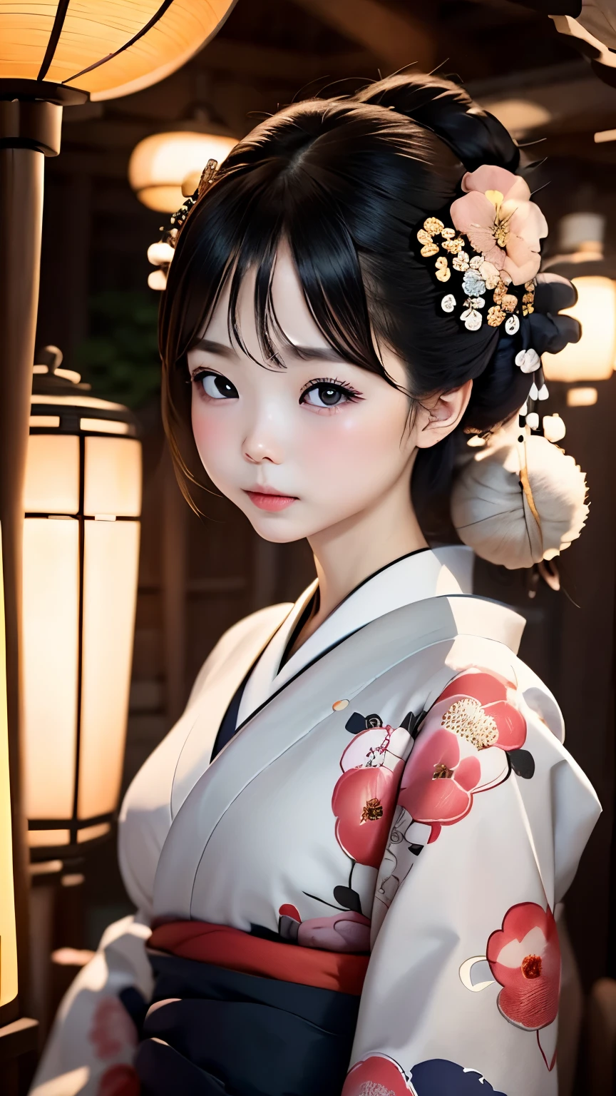 A world of silence、one girl、very cute face、Perfect good looks、Ash gray hair:1.5、flower hair ornament、plump lips、charming eyes、Beautiful Nishijin-ori kimono、Japanese clothing、Kimono with very delicate pattern、Beautiful upper body angle、elegant pose、Farcas on the face、blurred background、Beautiful Japan garden、RAW photo、highest quality、Super high quality、master piece:1.3、cinematic lighting、professional photographer、50ｍｍlens、