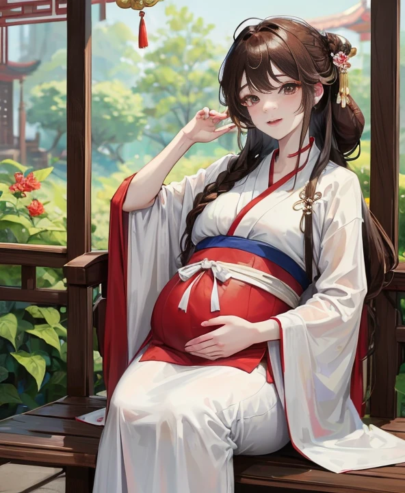 masterpiece, best quality，pregnancy， aldult, Chinese style, China, elder sister,  Smile, brown hair, princess cut, Single braid，white pantyhose，Full of motherhood，Chinese style婚礼服，pure，blush，Dignified yet lively，Mother，Place your hands on your stomach，Full of motherhood，Sexy，charming，Graceful and graceful，A thousand flavors，charming，With a royal air，long hair，With hairpins，Long Hanfu，beautiful，beautiful