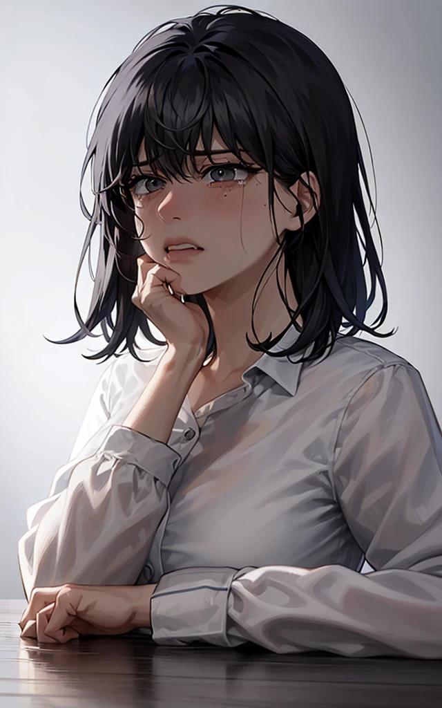 (view from back) woman Lying on stomach with hands propping up head, (shirt, tie, pants:0.5) (detailed realistic face), (((hyperdetailed))), zoomed out, symmetrical face, detailed pupil, expressive eyes, makeup, real photography, modern look, Real photography (Realisitc:1.5), han Sooyoung, tears, disbelief, crying, short hair, best quality, masterpiece, ultra-detailed, emotional, illustration, realistic tears, intense sadness, disheveled hair, streaming tears, runny mascara, tear-streaked cheeks, trembling lips, pained expression, reflection of sorrow, teardrops falling in the foreground, powerful and moving composition, capturing the rawness and vulnerability of crying, sniffling, blushing, short hair, sharp eyes, lip biting, blood on lips, begging, desperate, disheveled, messy hair