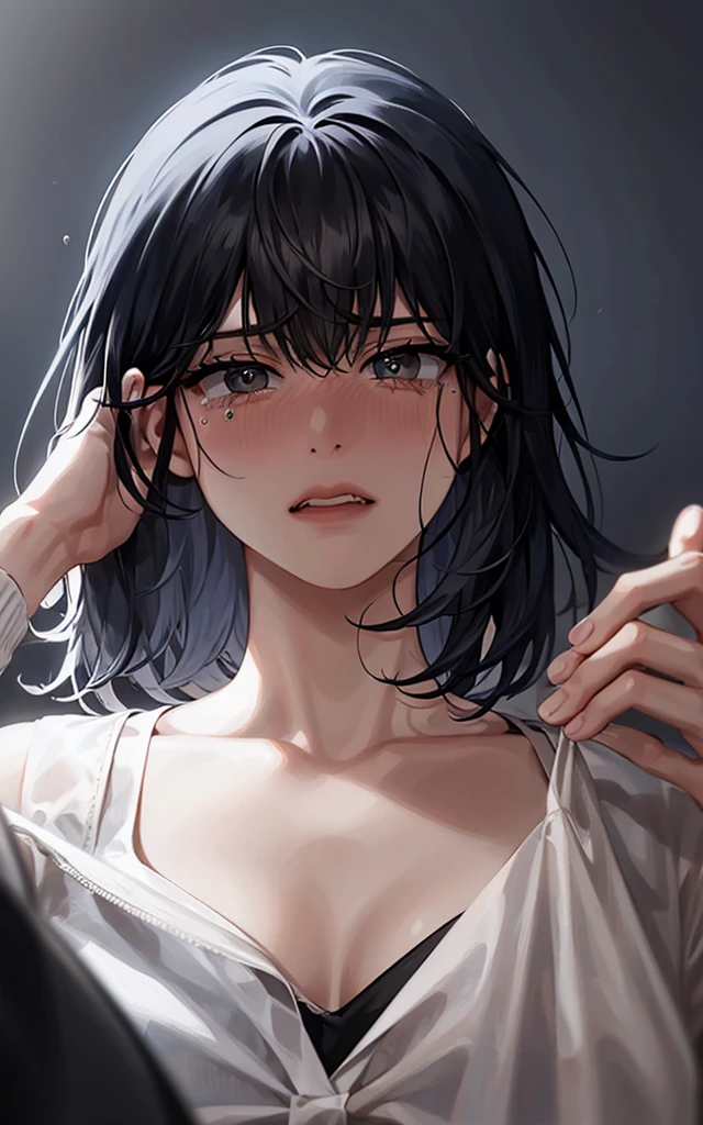 (view from back) woman Lying on stomach with hands propping up head, (shirt, tie, pants:0.5) (detailed realistic face), (((hyperdetailed))), zoomed out, symmetrical face, detailed pupil, expressive eyes, makeup, real photography, modern look, Real photography (Realisitc:1.5), han Sooyoung, tears, disbelief, crying, short hair, best quality, masterpiece, ultra-detailed, emotional, illustration, realistic tears, intense sadness, disheveled hair, streaming tears, runny mascara, tear-streaked cheeks, trembling lips, pained expression, reflection of sorrow, teardrops falling in the foreground, powerful and moving composition, capturing the rawness and vulnerability of crying, sniffling, blushing, short hair, sharp eyes, lip biting, blood on lips, begging, desperate, disheveled, messy hair