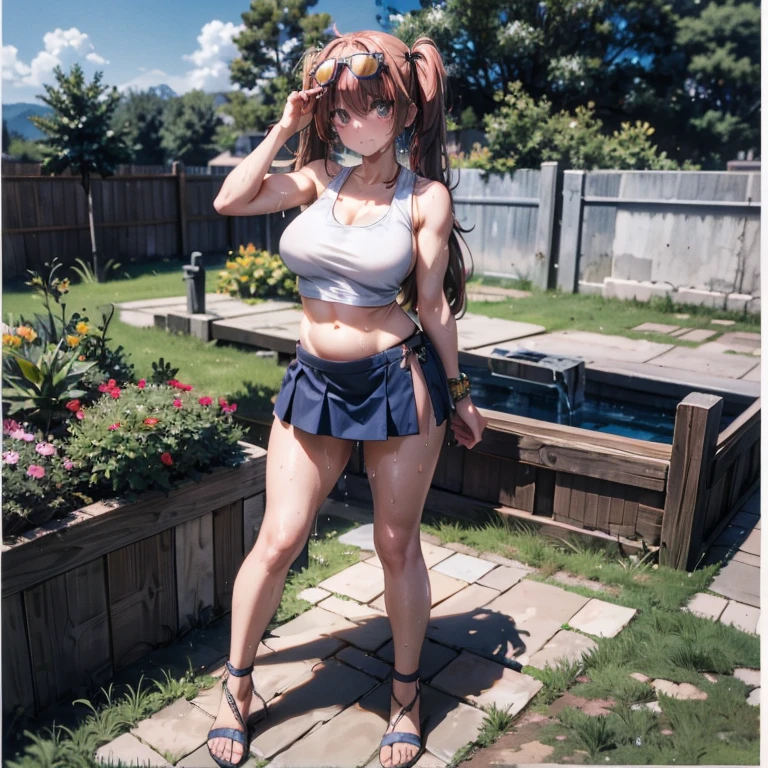 orange twin tails（bangs）、Wearing sunglasses on your head、big breasts、muscular body、Sleeveless and belly button showing the chest（Tank top）、mini skirt、gladiator sandals、tall stature、30 years old、sweaty、、、garden