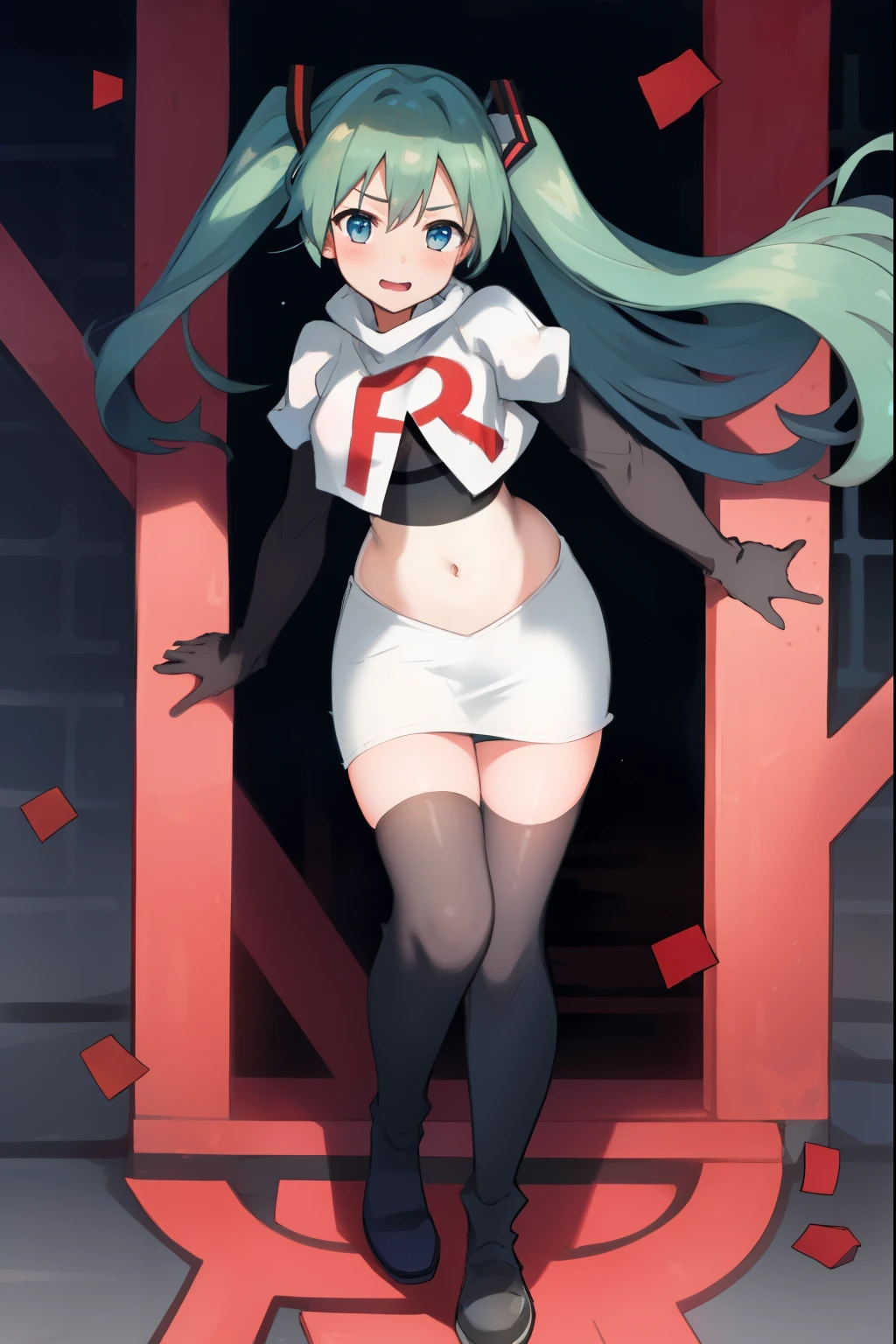 absurdres,masterpiece, best quality, highres, high quality, 1girl, Hatsume miku,team rocket,team rocket uniform,white skirt,red letter R,crop top,black thigh-highs,black elbow gloves,