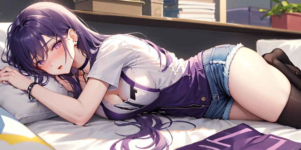 8K, Hino Rei, lying on the bed, full body, embarrassed expression, dark purple hair, split pompadour, sailor fuku, bare legs