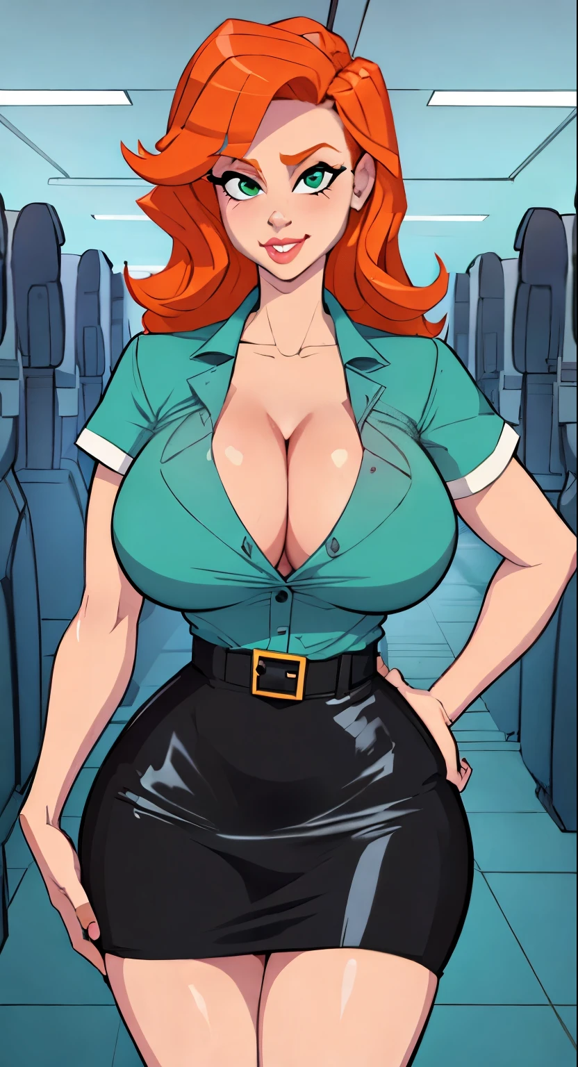 1 girl, stewardess, Best quality, masterpiece, cowboy shot, orange hair, green eyes, Tight cloth, pencil skirt, ((( huge fake breasts：7.9 )))