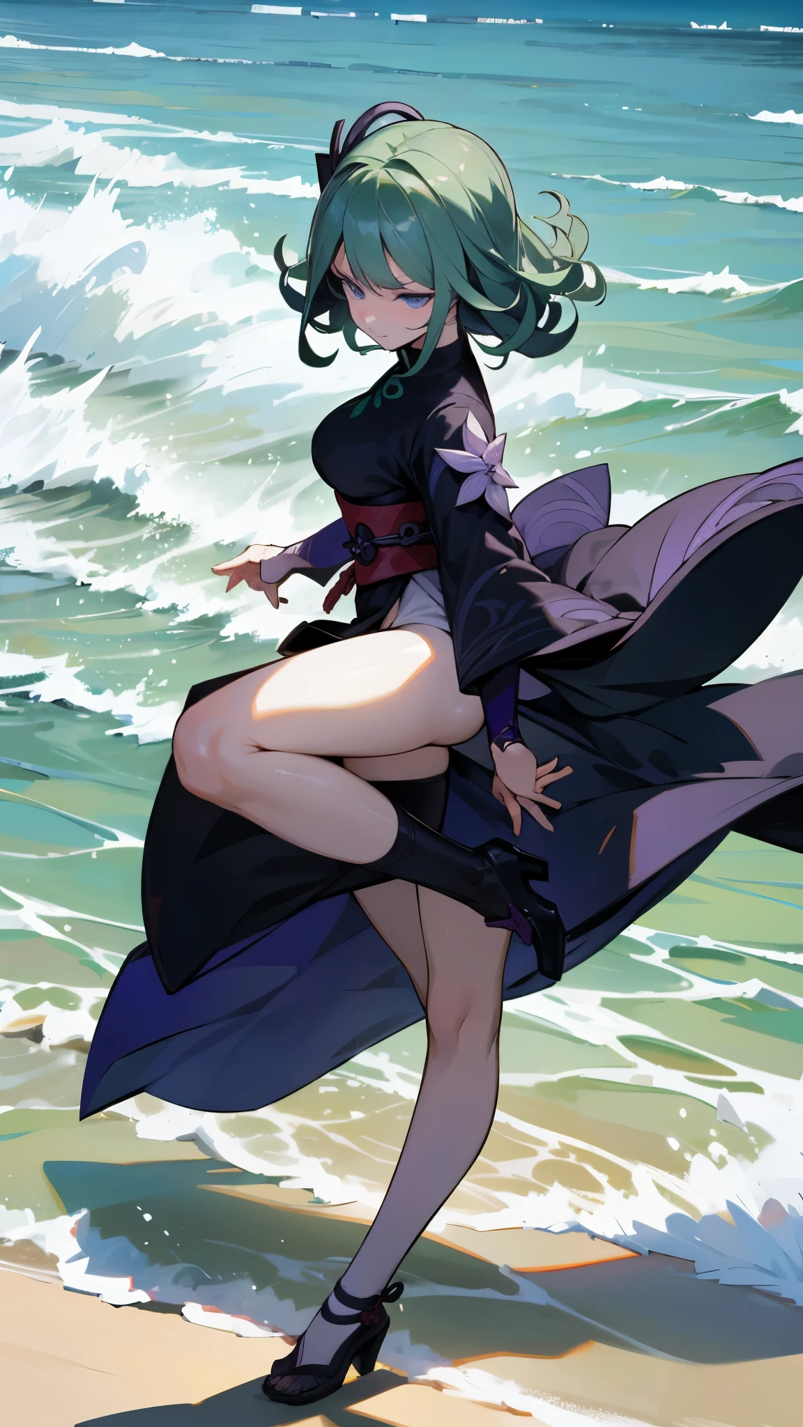 Tatsumaki, naked, short green hair, wet skin, flying, sky background, angry face