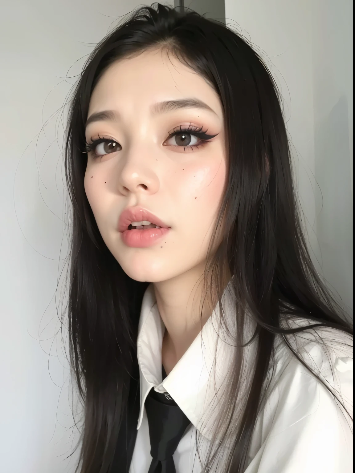 tem uma mulher de gravata e camisa branca, cruel korean goth girl, rosto sexy com maquiagem completa, It's Junji's style, maquiagem sul-coreana popular, pale gothic beauty, 1 7 year old goth girl, maquiagem coreana popular, korean symmetrical face, pale porcelain white skin, Gothic makeup, wearing Gothic makeup, maquiagem pesada, com maquiagem profissional, piercing de bolinha abaixo da boca
