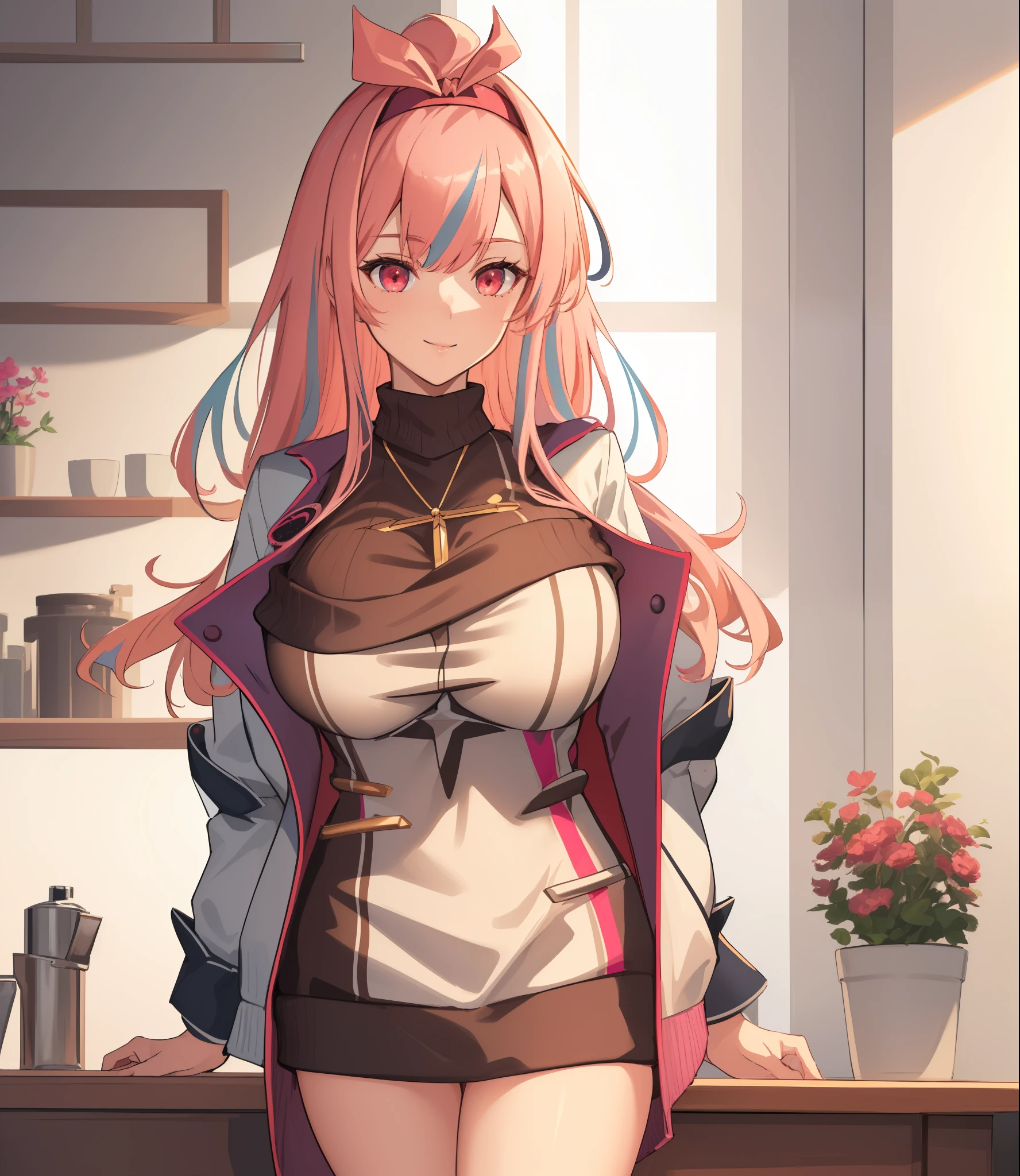 (extremely detailed CG unity 8k wallpaper), (((masterpiece))), (((best quality))), ((ultra-detailed)), (((illustration))), (best shadow), ((an extremely delicate and beautiful)), (detailed light), (well designed face), amazing face, (super detailed), cinematic shot, beautiful detailed eyes, detailed background, 1girl, solo, ((pink hair)), ((multicolored hair)), ((red eyes)), ((straight hair)), (headband), ((halterneck)), huge breasts, firts rate breasts, first rate female bodies, sleveless sweater, ((open chest sweater)), white jacket, open jacket, upper body, inside a cafe, interior design, bewitching thighs, smile, cowboy shot,