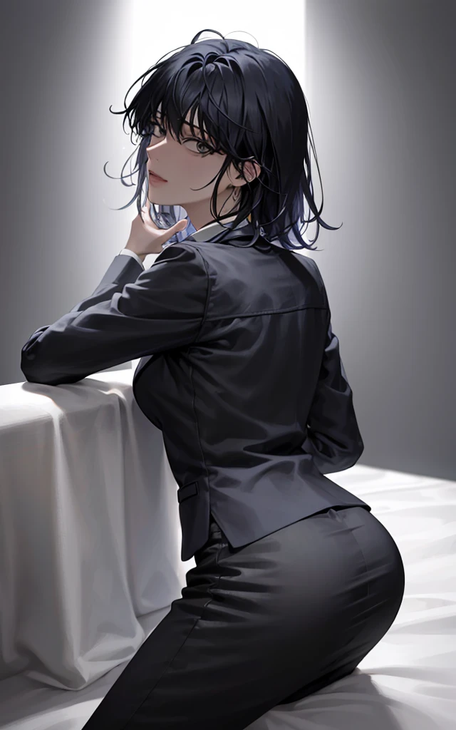 (view from back) woman Lying on stomach with hands propping up head, (shirt, tie, pants:0.5) (detailed realistic face), (((hyperdetailed))), zoomed out, symmetrical face, detailed pupil, expressive eyes, makeup, real photography, modern look, Real photography (Realisitc:1.5), han Sooyoung, crazy, crazy eyes, yandere, begging, desperate, disheveled, messy hair