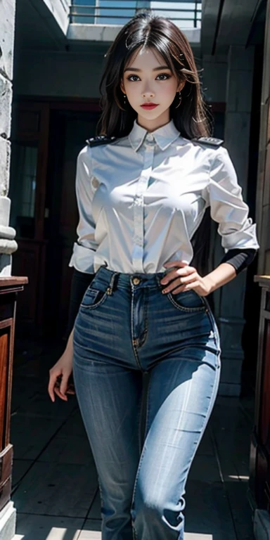 fotorrealista, high resolution, Luz tenue,1mujer, Solo, caderas arriba, ver al espectador, (cara detallada), pelo largo, tumbado en el suelo de hierba, mirar desde abajo, Show panties, ver bragas, secretario_uniforme, falda negra, pantys, tatuaje, joyas