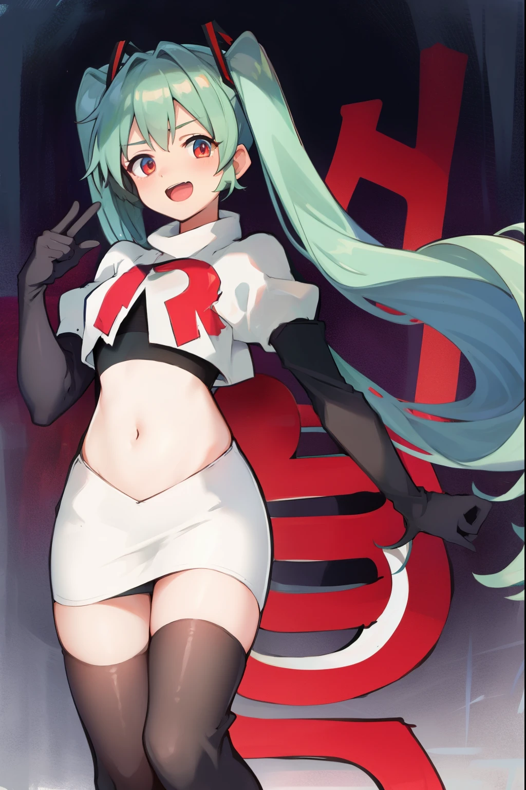 absurdres,masterpiece, best quality, highres, high quality, 1girl, Hatsume miku,team rocket,team rocket uniform,white skirt,red letter R,crop top,black thigh-highs,black elbow gloves,