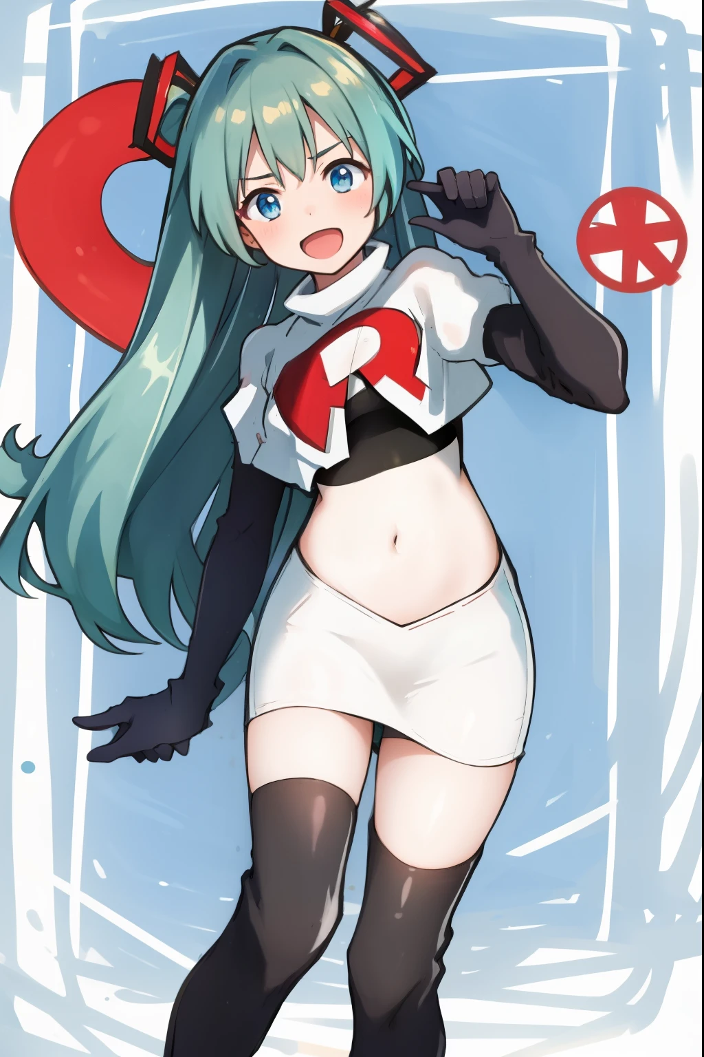 absurdres,masterpiece, best quality, highres, high quality, 1girl, Hatsume miku,team rocket,team rocket uniform,white skirt,red letter R,crop top,black thigh-highs,black elbow gloves,