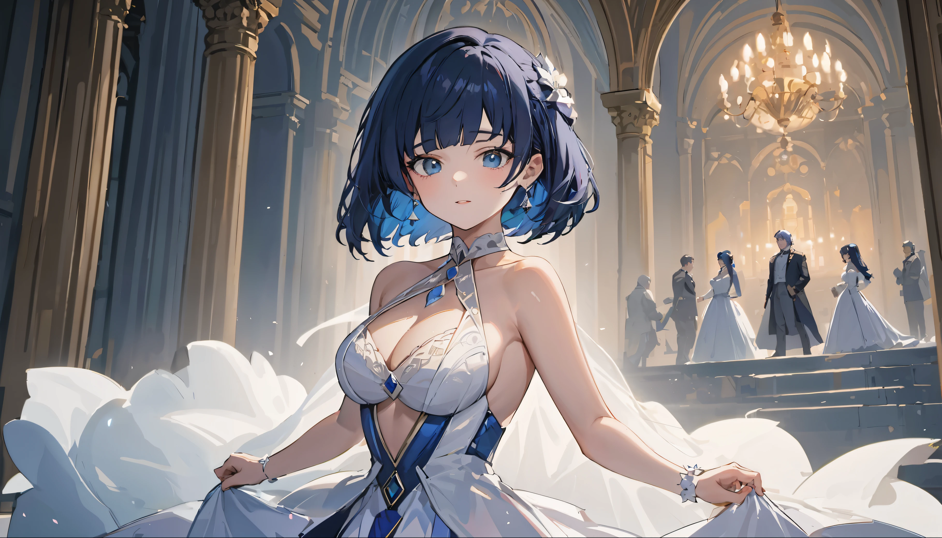 one woman, alone, masterpiece, whole body, Yelan, dark blue hair, Wedding dress, white dress, perfect hands, mature, big breasts, White palace background
