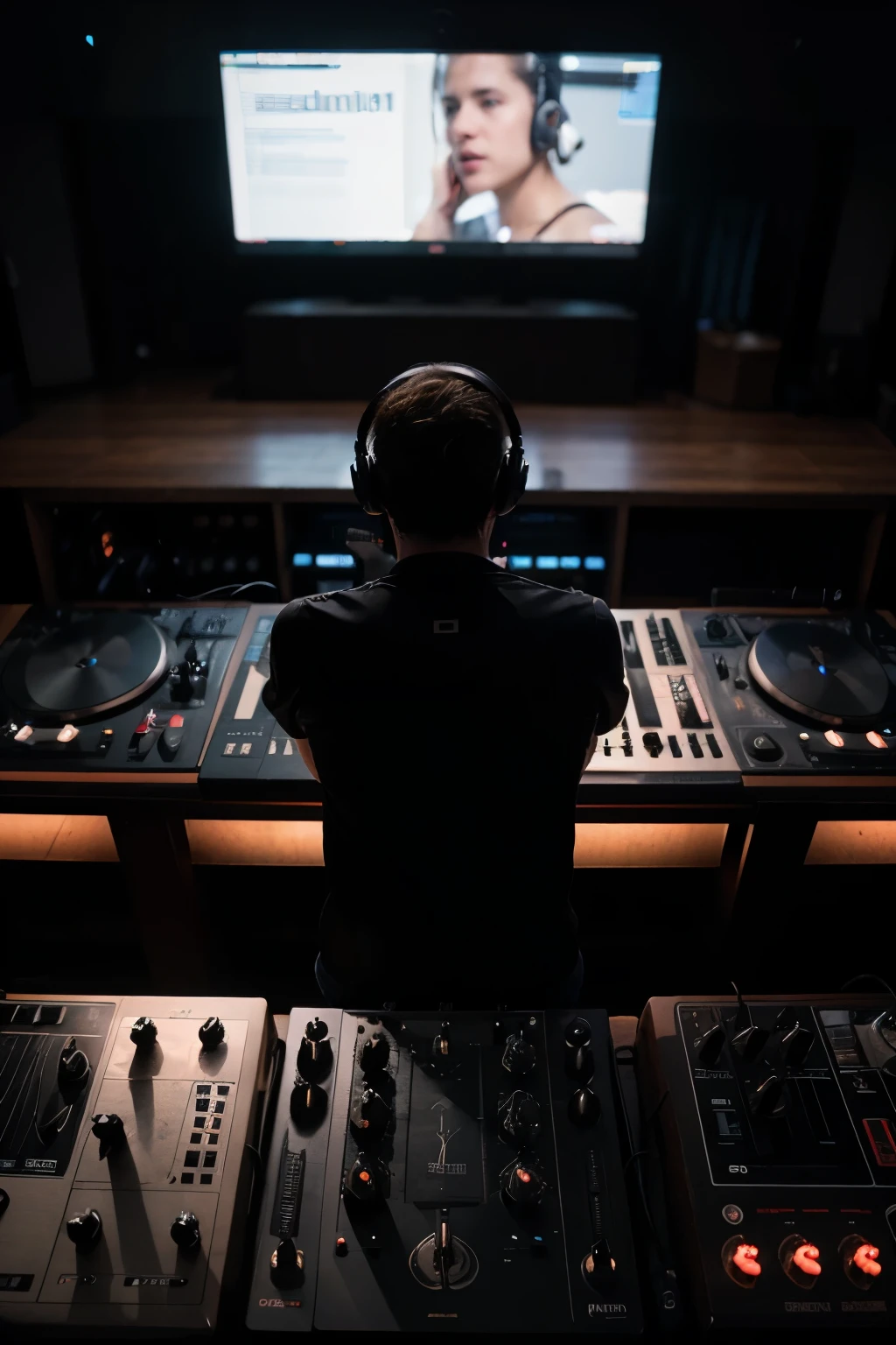 Mature man, DJ, Red Eagle Music Bar, with short curly hair and large headphones over ears, from above and the back, on a smokey wide open stage facing a starry night. Photographic, cinematic, vintage, DJ desk with two gramophon and mixer,