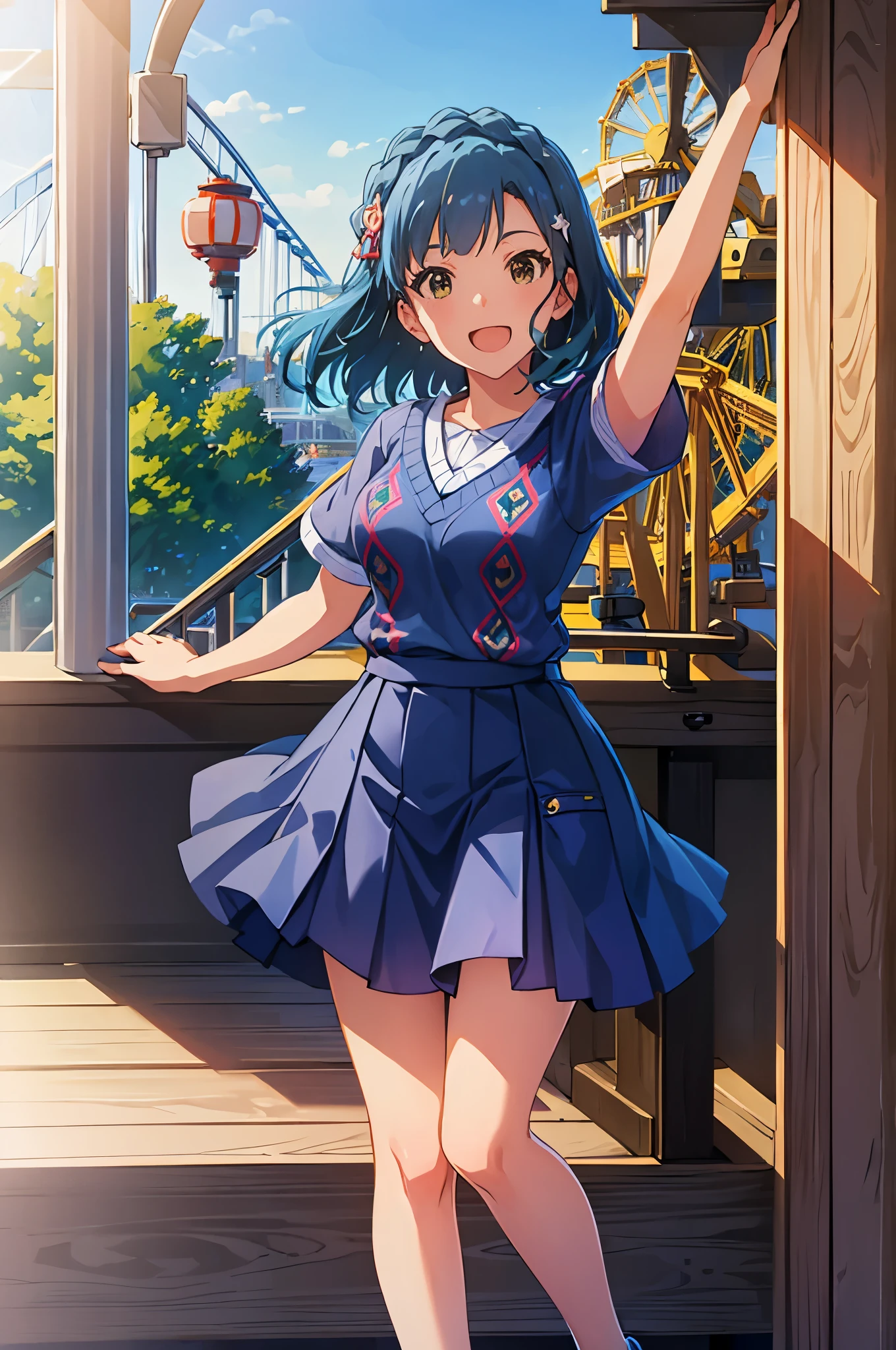 yuriko nanao (million live), 1 girl, Solo, Cute Girl, Best Quality, Ultra-detailed, 8K, High resolution, Detailed face, (Cinematic Angle), Bob Hair, smile, have fun, ;d, ((blue sweater, Argyle sweater, short sleeves))), gray skirt, pleated skirt, black socks, brown footwear, (((in the amusement park, Ferris wheel, roller coaster))),