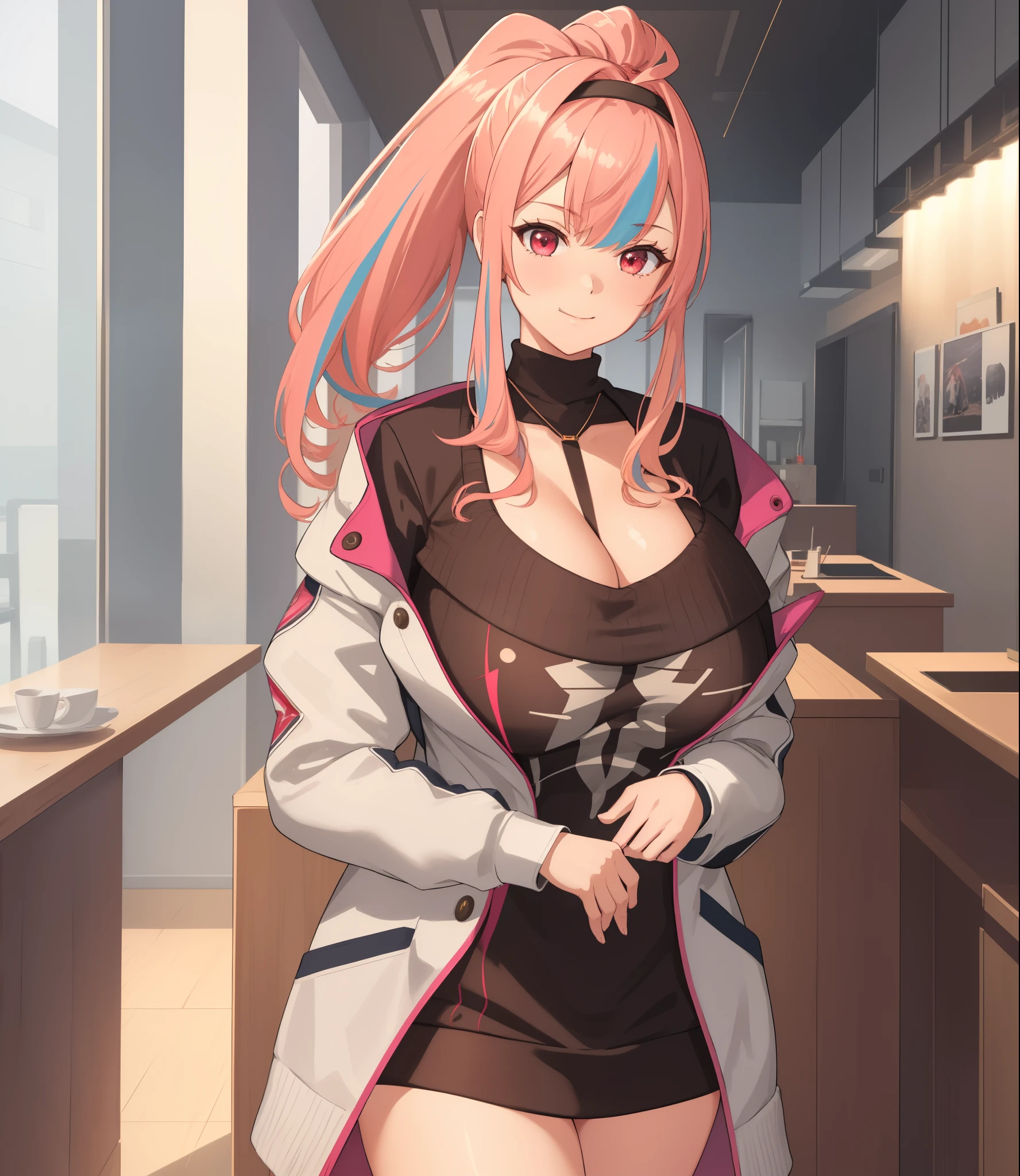 (extremely detailed CG unity 8k wallpaper), (((masterpiece))), (((best quality))), ((ultra-detailed)), (((illustration))), (best shadow), ((an extremely delicate and beautiful)), (detailed light), (well designed face), amazing face, (super detailed), cinematic shot, beautiful detailed eyes, detailed background, 1girl, solo, ((pink hair)), ((multicolored hair)), ((red eyes)), ((short ponytail)), headband, ((halterneck)), huge breasts, firts rate breasts, first rate female bodies, sleveless sweater, ((open chest sweater)), white jacket, open jacket, upper body, inside a cafe, interior design, bewitching thighs, smirk, cowboy shot,