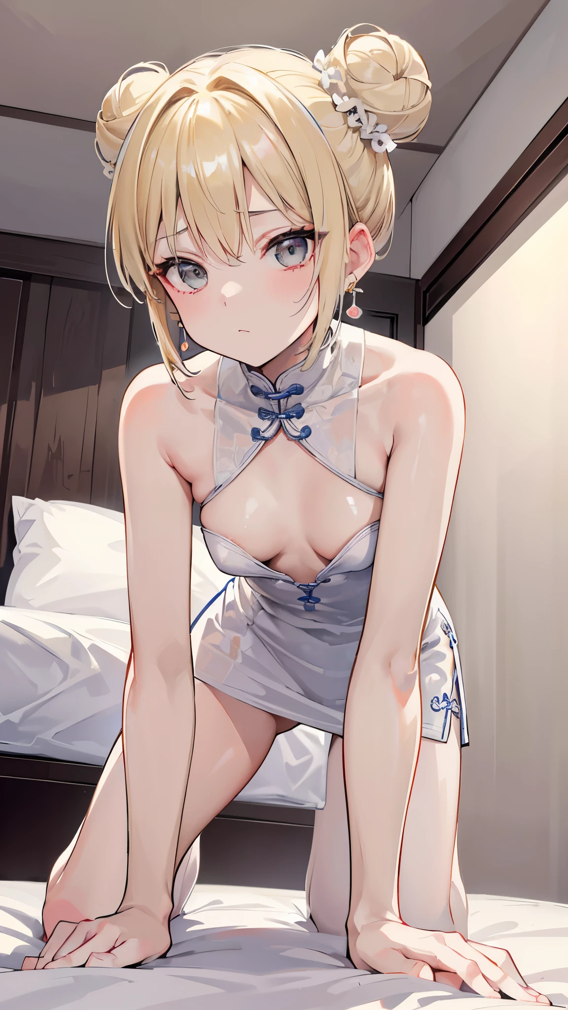 (8K、Highest image quality、highest quality、masterpiece)、detailed face、1 girl、blonde、(short hair)、hair bun、gray eyes、chinese earrings、expression、small breasts、white chinese clothes、No sleeve、crawl on all fours、on the bed、Take from below、bedroom background